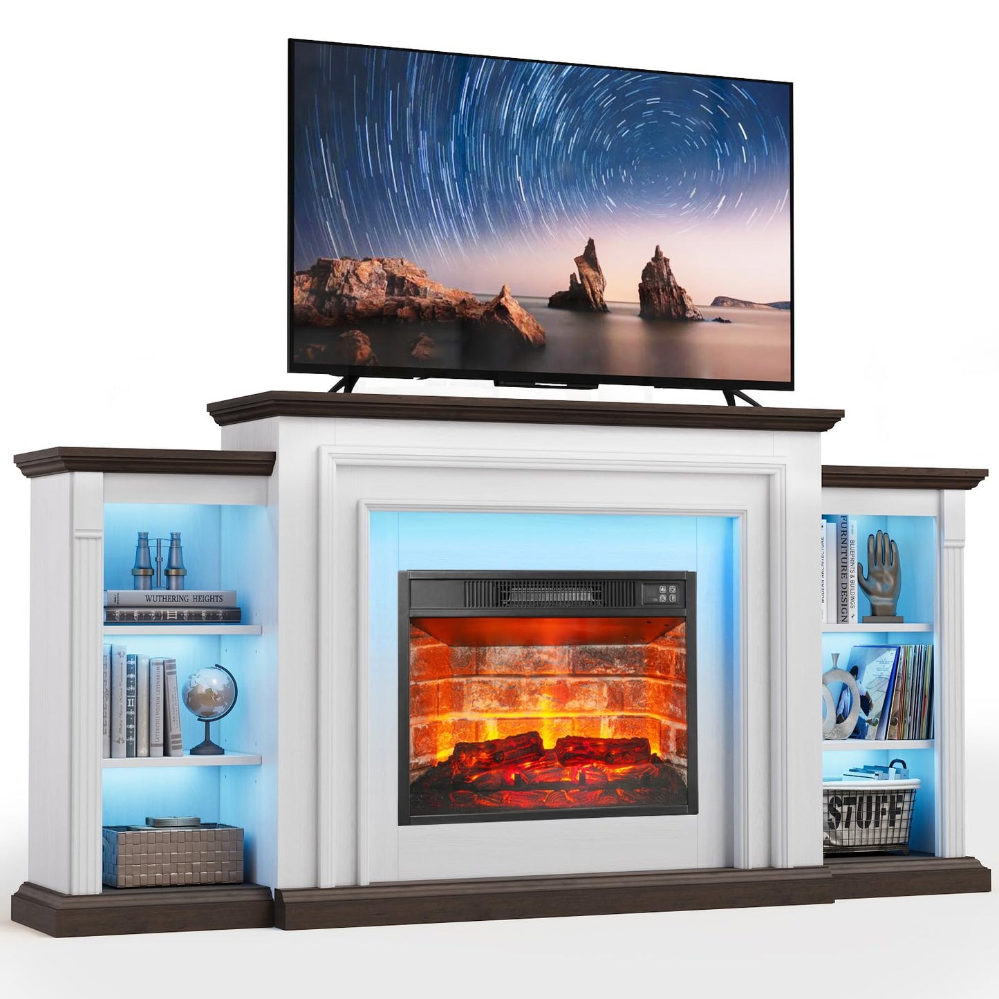 72" LED Electric Fireplace with Mantel, Fireplace TV Stand for 80 Inch TV, Entertainment Center with 23'' Red Brick Fireplace, Delicate Three-Dimensional Molding with Remote Control for Living Room