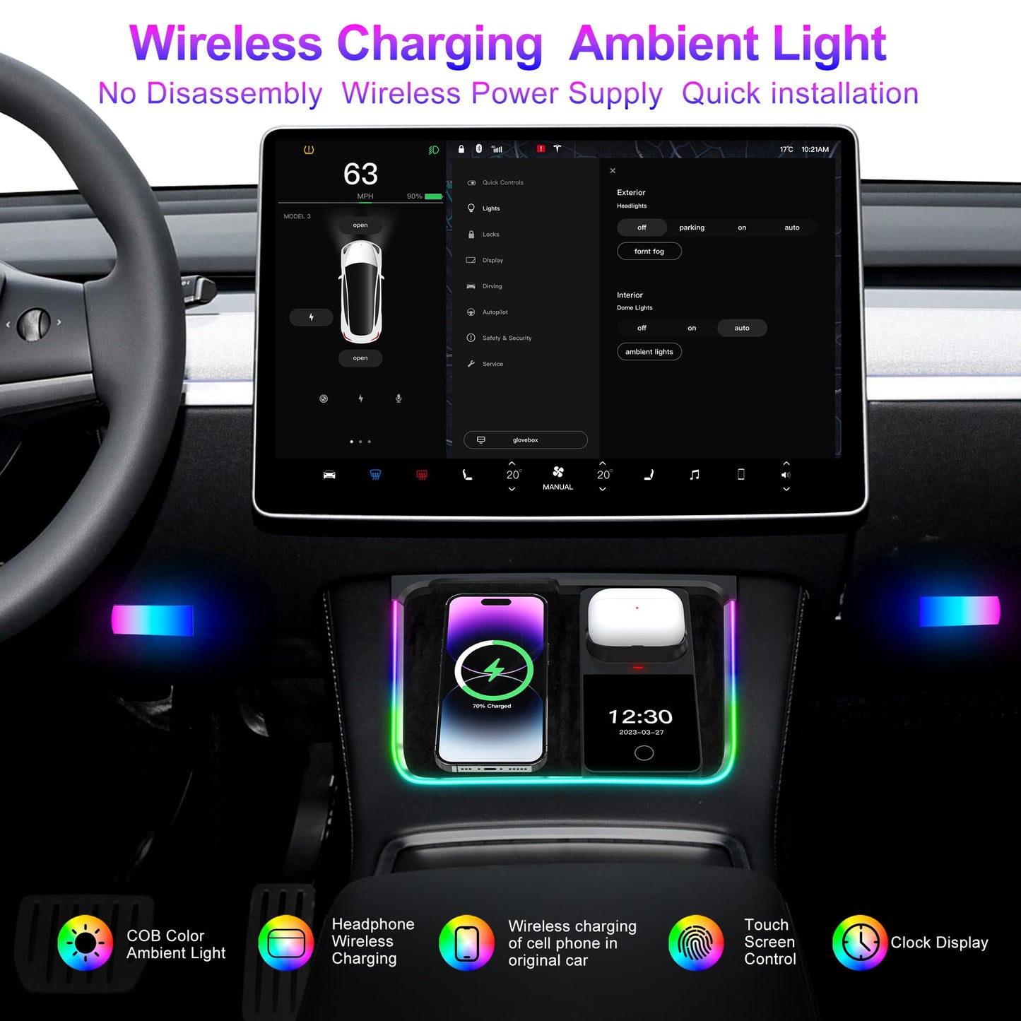 for ModelY/3 Car Interior RGB Neon Ambient Light Support Earphones Wireless Charging, Charge Platform Led Light Bar Left/Right Footwell Lights, Screen Control, Tesla Accessories (Not for 2024 Model3)