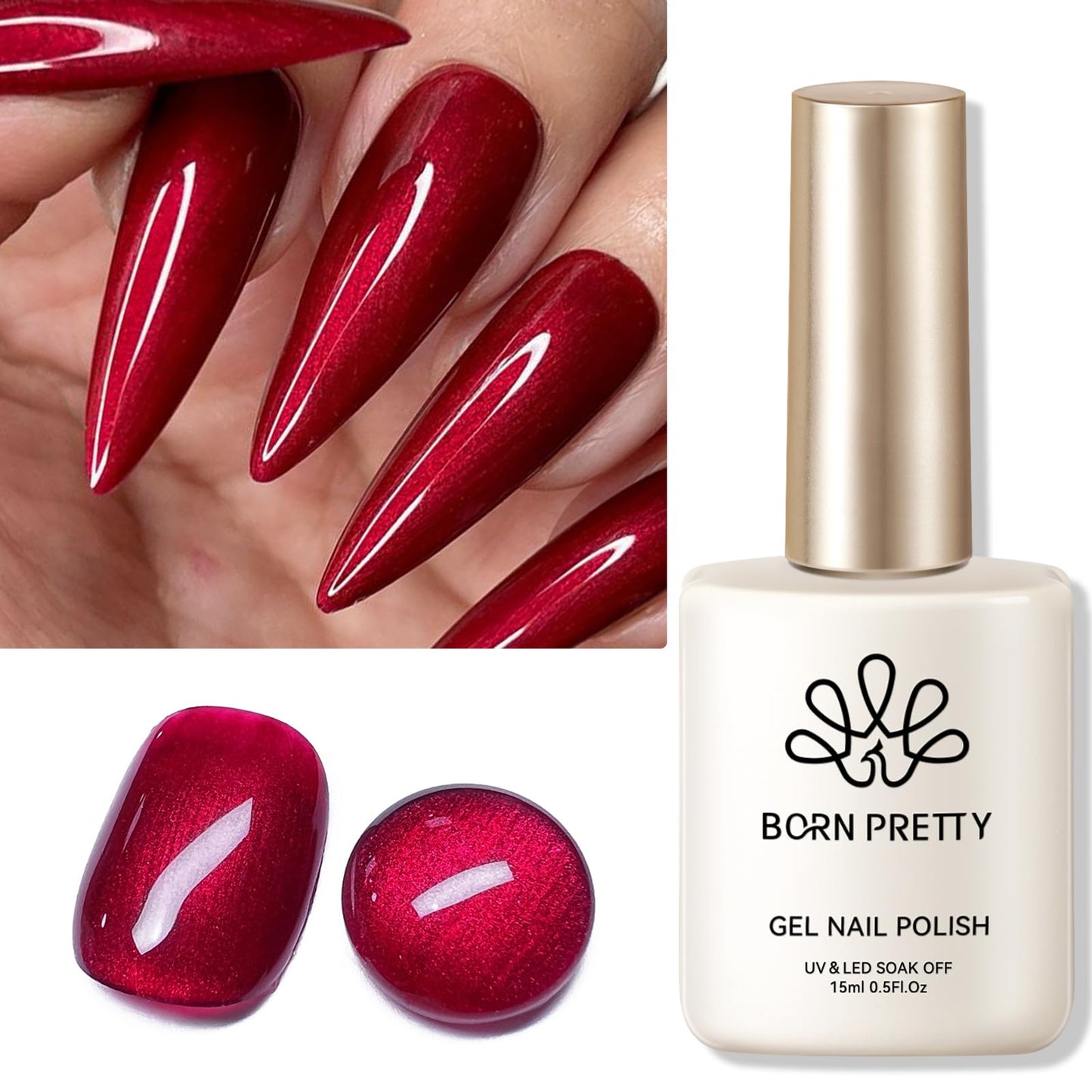 Born Pretty Scarlet Ruby Pearl Burgundy Gel Nail Polish 15ml Shimmer Glitter Pearlescent Nail Polish Mermaid Christmas Gel Nail Art Manicure DIY Gift
