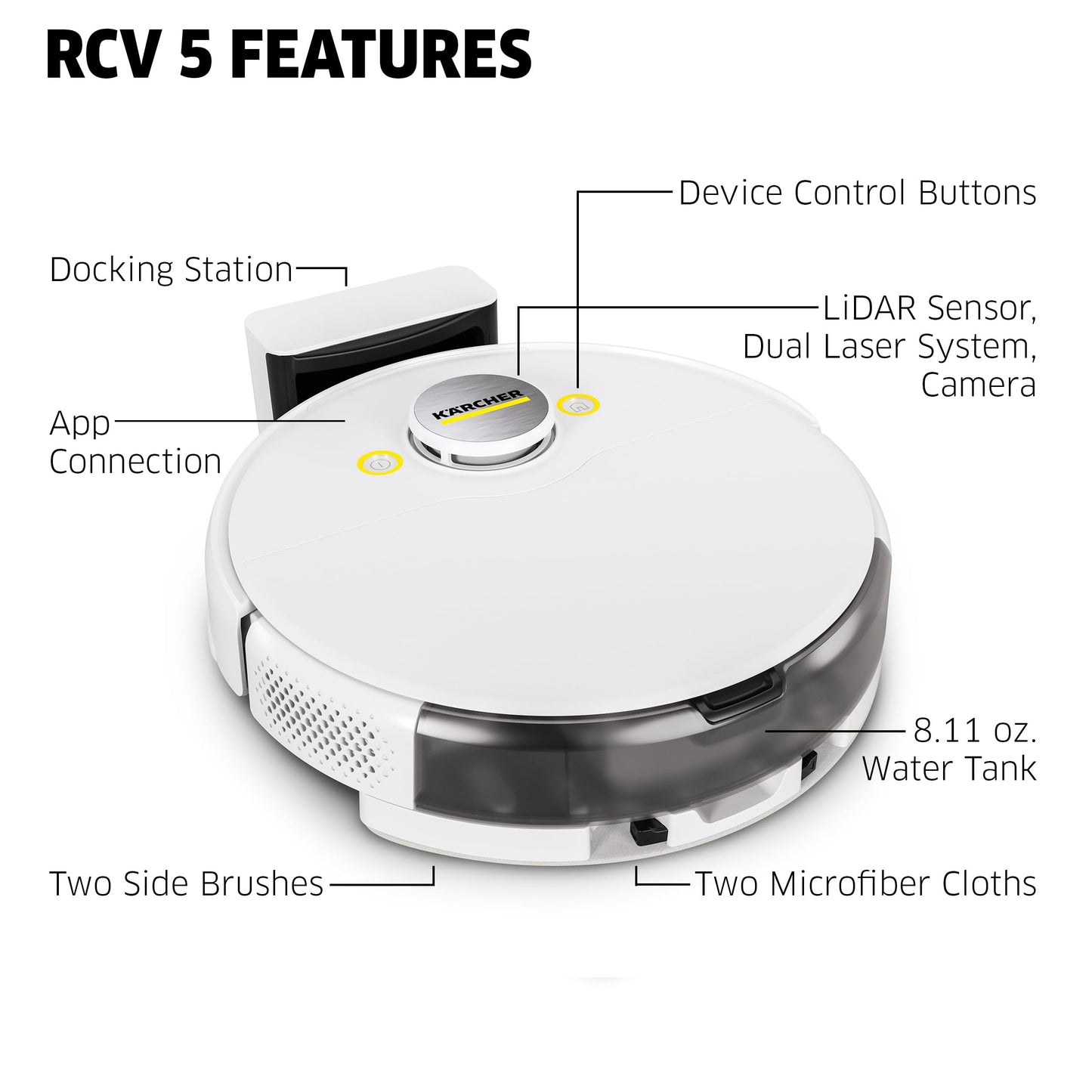 Kärcher RCV 5 Robot Vacuum Cleaner with Mop Function 5000Pa, Remote Control via App, LiDar Navigation, Dual Laser and AI, Floor Mapping, Obstacle Recognition, 140 min Run Time, Hard Floors and Carpets