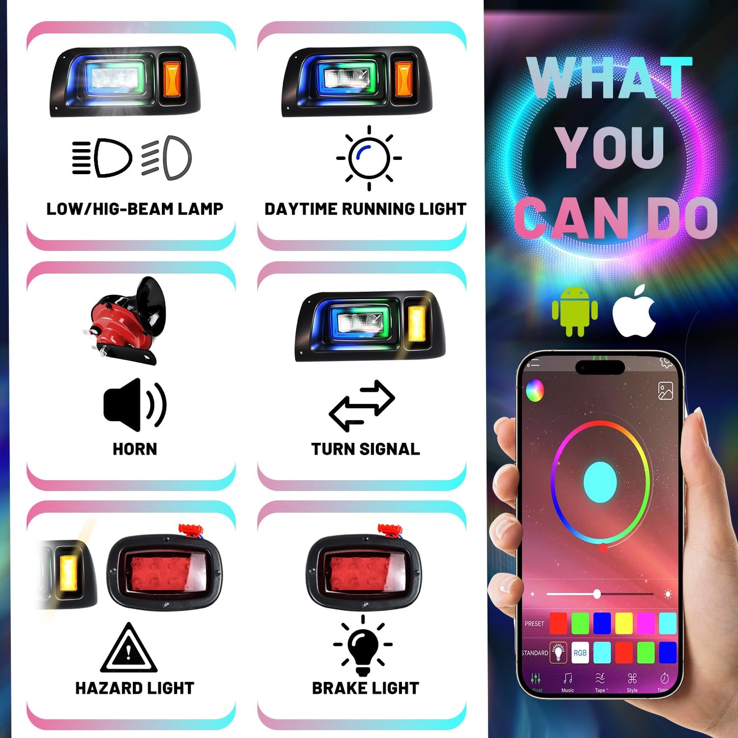 LED RGB Headlight Tail Light Kit for Club Car DS Golf Carts 1993-UP 12V Street Legal Light Kit with Turn Signal High Low Beam Wire Harness Compatible with Club Car DS for Gas and Electric