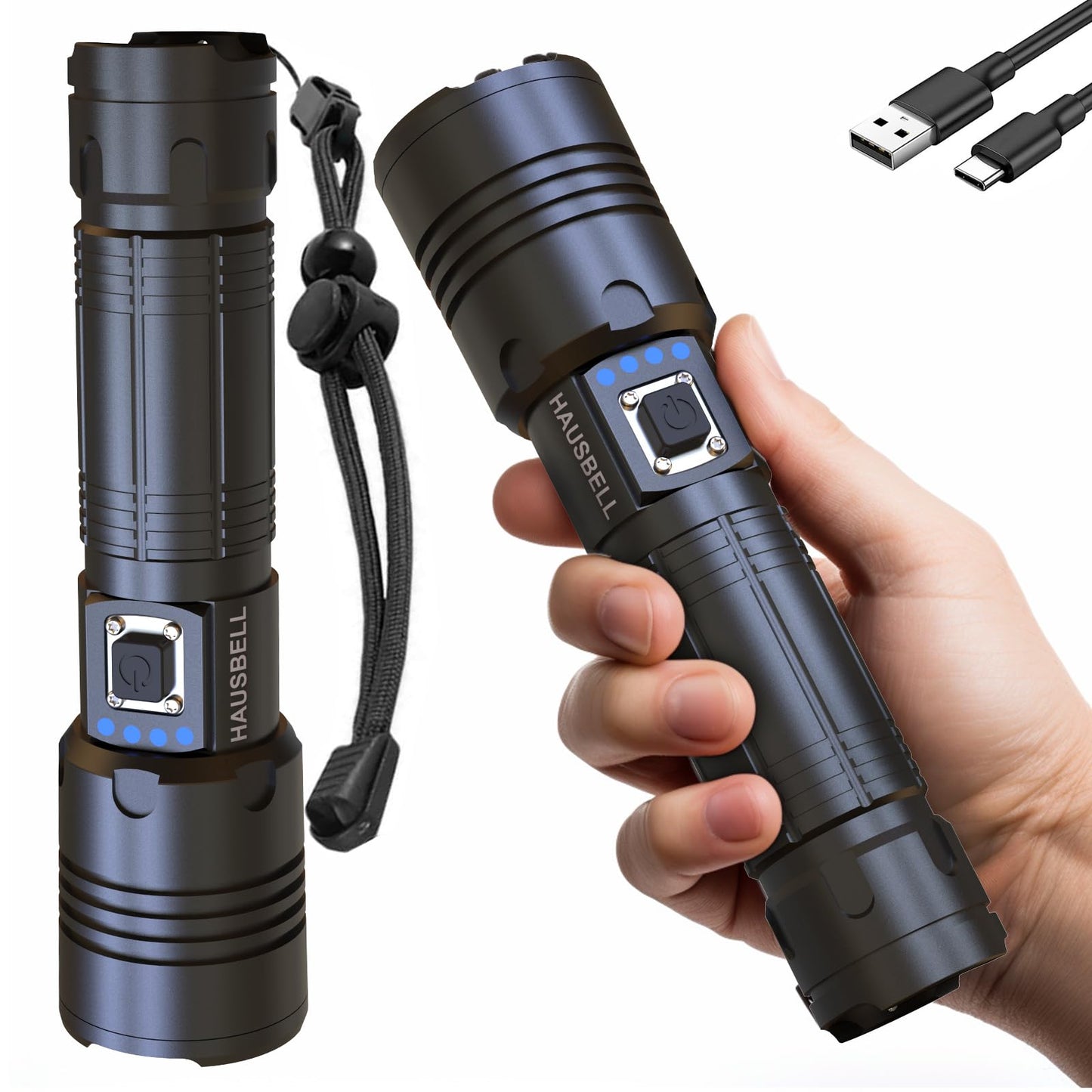 HAUSBELL LED A100 Flashlight Bright, Zoomable Tactical Flashlights Flash Light with High Lumens and 5 Modes for Emergency and Outdoor Use Camping Accessories(2 Pack) (Pitch Black)