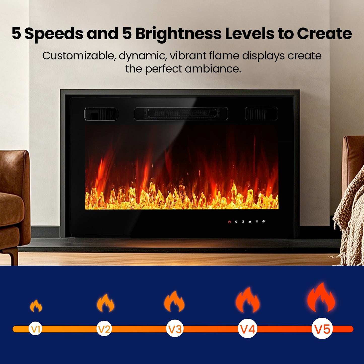 Electric Fireplace Insert 36" Realsmart 1500W Wall Mounted Fireplaces Recessed Heaters Remote Control Slim Black Fireplace Touch Screen Timer 12 Flame Colors LED Decor Low Noise