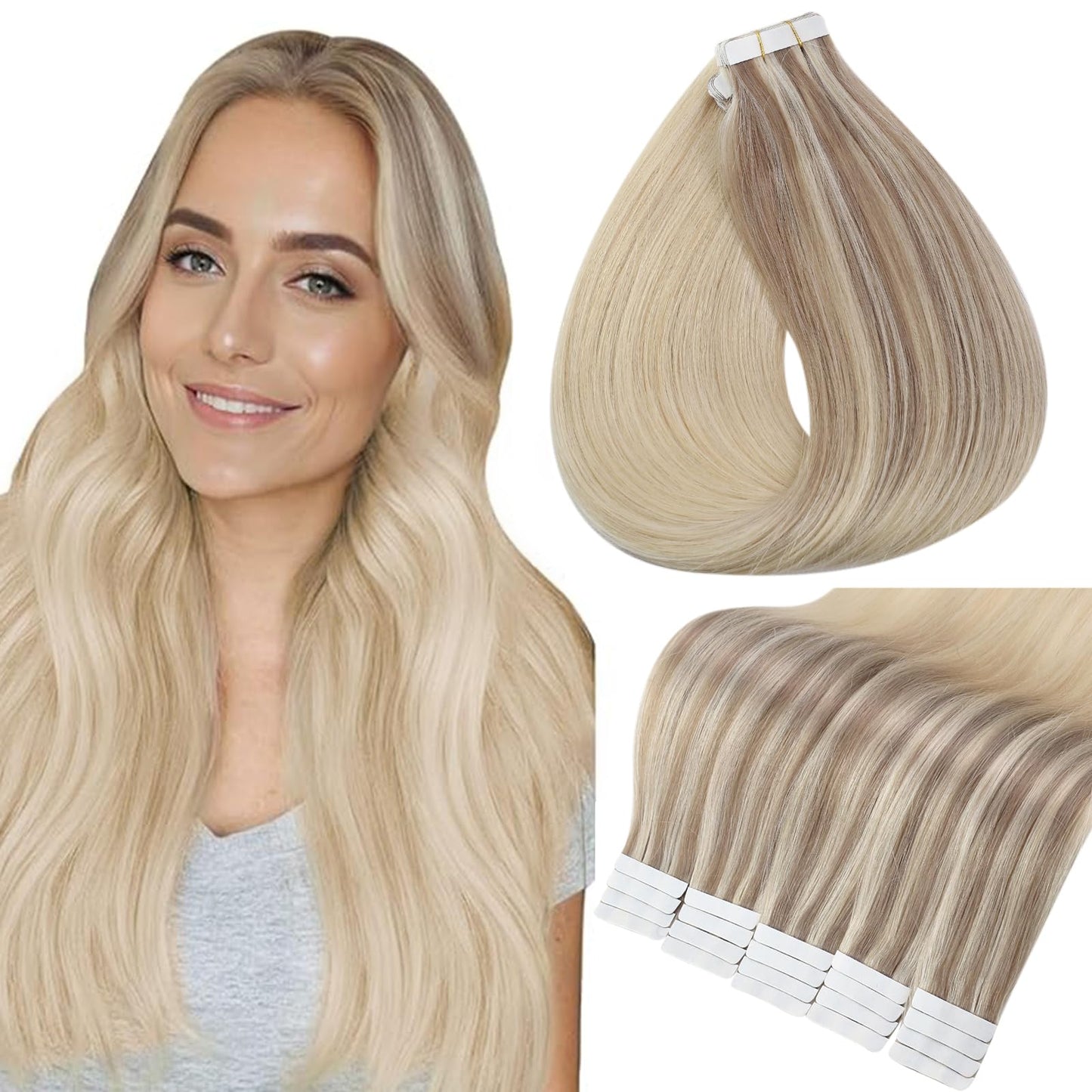 Full Shine Tape in Hair Extensions Human Hair Color 18/22/60 Blonde Tape in Extensions 12 Inch Invisible Seamless Extension Silky Straight Real Remy Skin Weft 20 Pcs 30 Grams