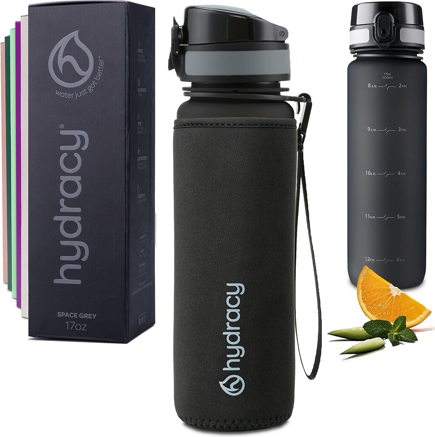 Hydracy Water Bottle with Time Marker - 500 ml 17 Oz BPA Free Water Bottle - Leak Proof & No Sweat Gym Bottle with Fruit Infuser Strainer - Ideal Gift for Fitness or Sports & Outdoors - Space Grey