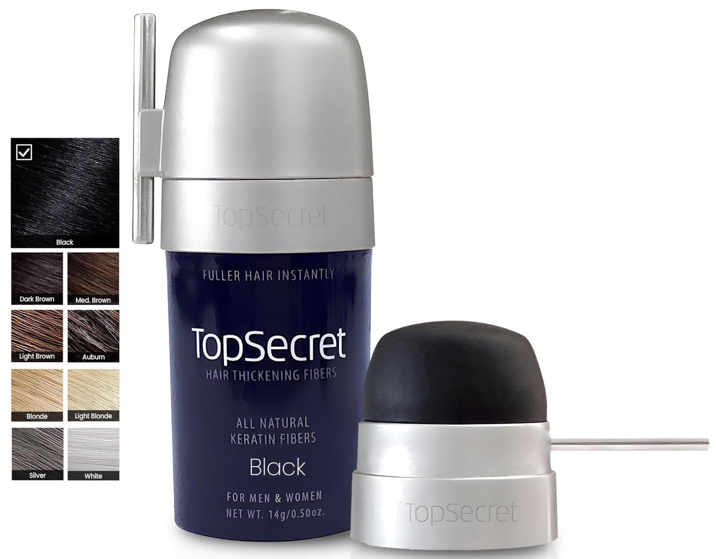 Top Secret Hair Thickening Building Fibers Applicator Included - Undetectable & Natural Hair Filler - for Men & Women - Instantly Fill In Thinning Hair - Weather & Sweat Resistant (Black, Regular)