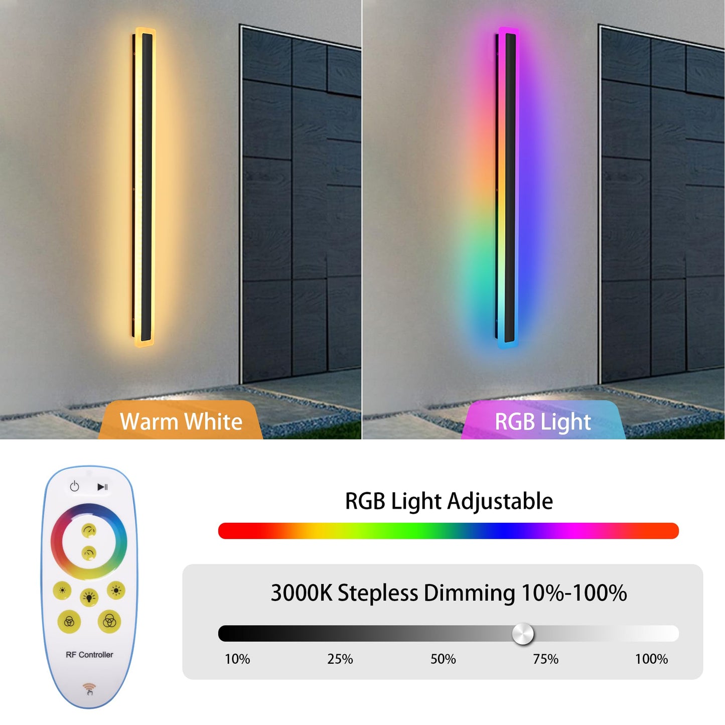 RGB Outdoor Wall Lights, 2 Pack 40inch Long Wall Sconce, Modern Lighting LED Outdoor Wall Lights, Long Wall Light IP65 Waterproof 30W Dimmable Exterior Sconce Led Linear Light for Garage, Patio,Porch