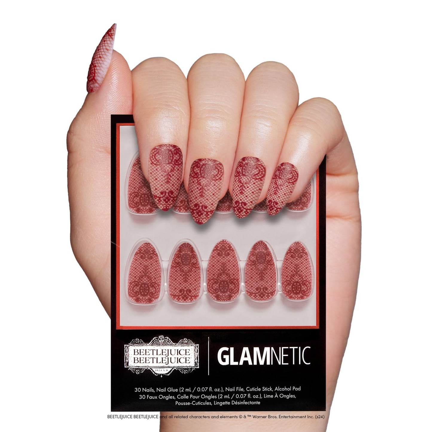 Beetlejuice Beetlejuice™ x Glamnetic Press On Nails - Lydia™ | Red Lace 3D Effect Matte Short Almond False Nails, Reusable Stick On Fake Nails with Glue | Salon Quality | 15 Sizes - 30 Nail Kit