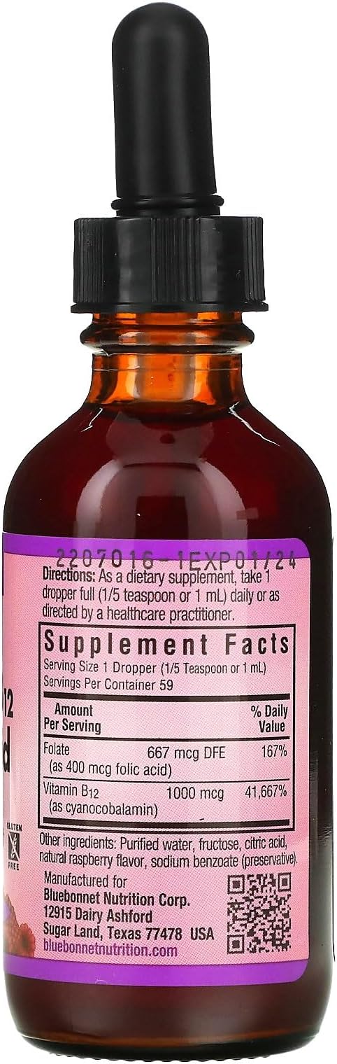 Bluebonnet Nutrition Liquid Vitamin B12 & Folic Acid, for Energy Boost*, Soy-Free, Gluten-Free, Dairy-Free, Vegan, 400 mcg of Folic Acid & 1000 mcg of Vitamin B12 Per Serving, 2 fl oz, 59 Servings