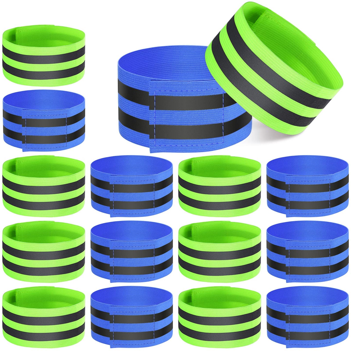 16 Pieces Reflective Bands Reflector Bands for Wrist, Arm, Ankle, Leg, High Visibility Reflective Gear Safety Reflector Tape Straps for Night Walking, Cycling and Running (Green, Blue)