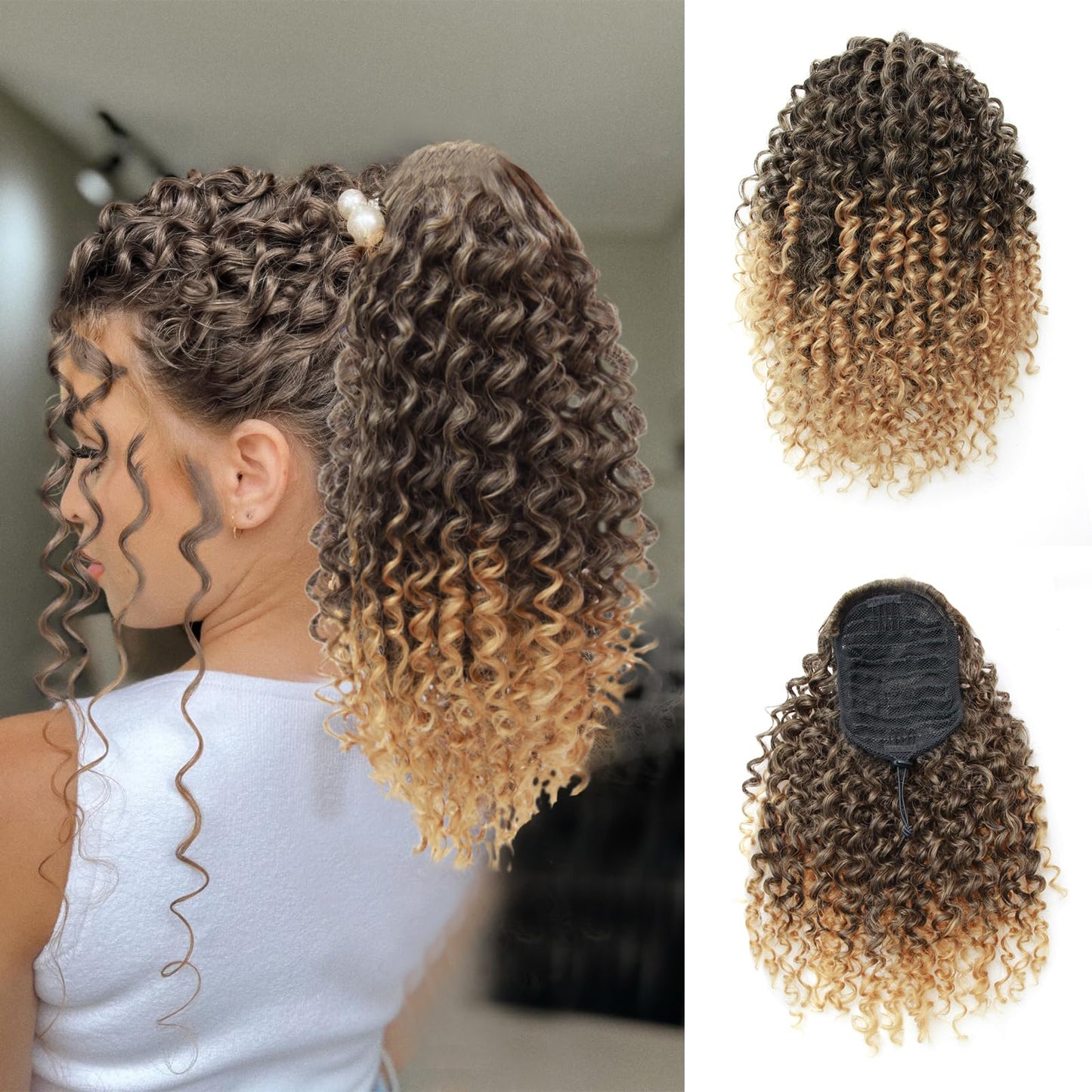 YXCHERISHAIR Ponytail Extension,Curly Wavy Ponytail Ombre Drawstring Ponytail Hair Extensions for Women Natural Wavy Synthetic Hairpiece for African Women Daily Use Party(T1B/27, 14inch)