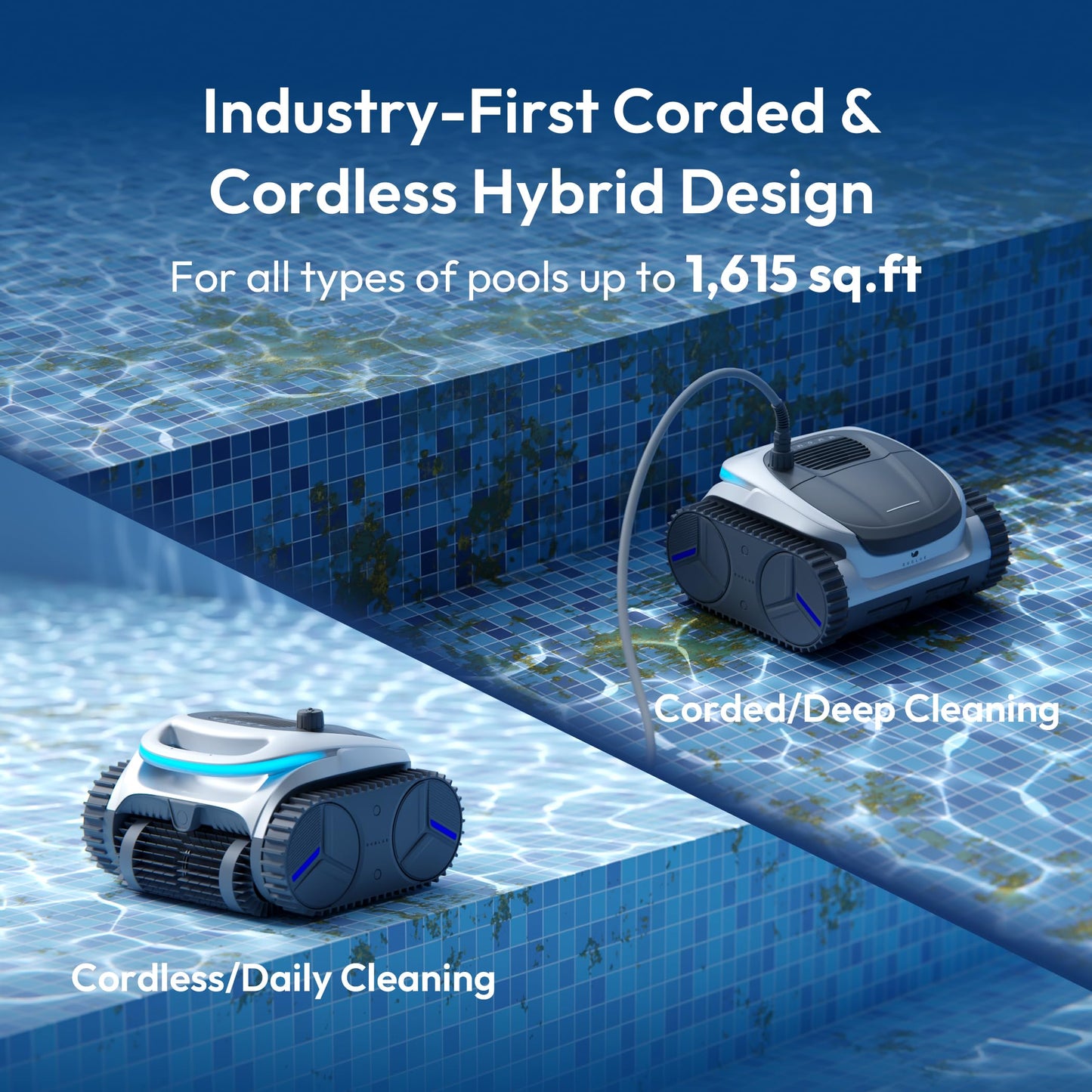 BUBLUE C20H Robotic Pool Cleaner, Corded & Cordless - Hybrid Pool Vacuum Robot, Superior Suction, Smart Navigation, APP Control, Floor/Wall/Waterline, for Above & In-ground Pools up to 1,615 Sq.Ft