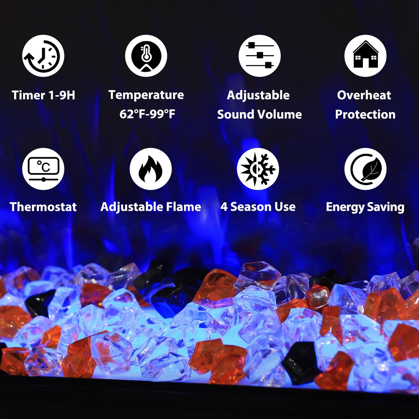 Masarflame 36" WiFi Electric Fireplace, 3-Sided Glass Fireplace Heater with Timer & Thermostat, 13×13 Flame & Fuel Bed Colors with Top Light, Adjustable Sound Volume, Log & Crystals, Work with Alex