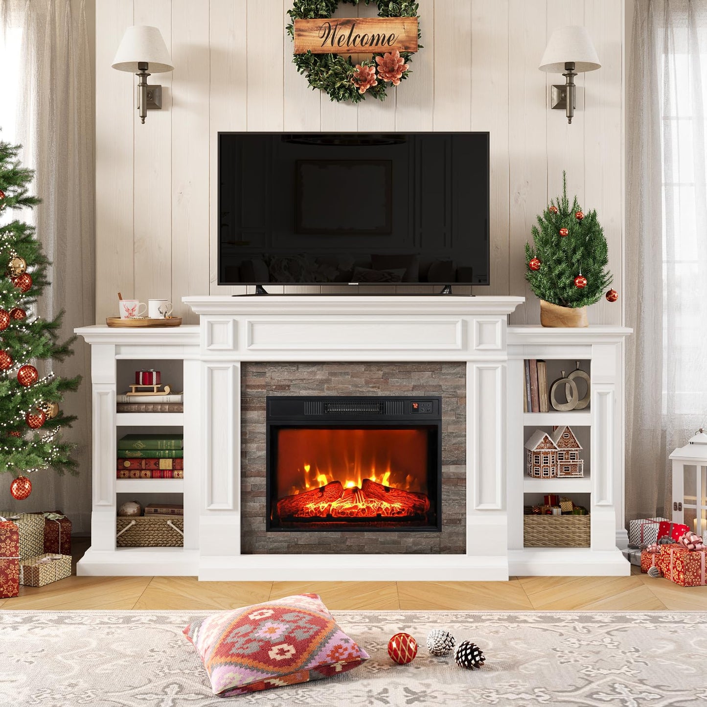 72" Electric Fireplace with Mantel, Fireplace TV Stand for TVs Up to 80 Inch, Modern Entertainment Center with Storage, Realistic Stacked Stone Surround with Remote Control for Living Room, Bedroom