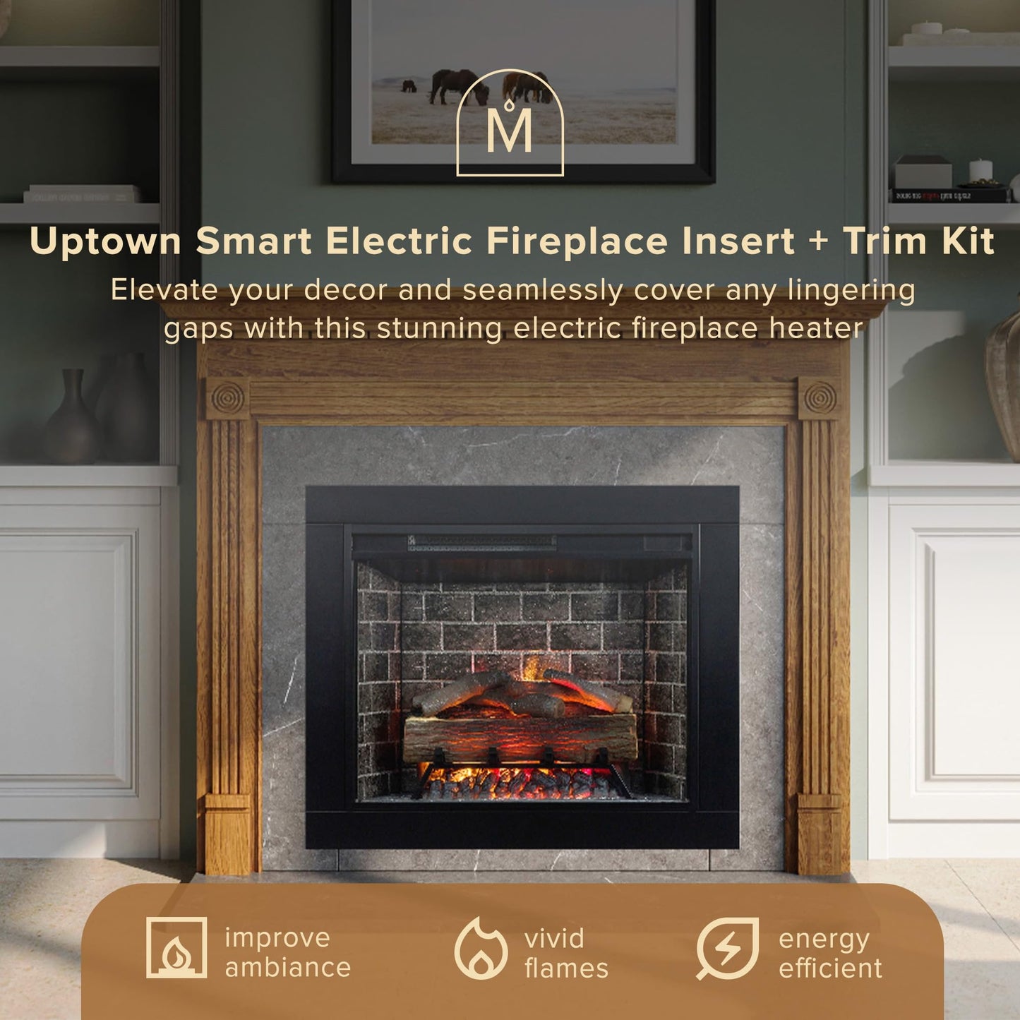 Modern Ember Uptown - Smart Home Electric Fireplace Insert + Trim, 28” Electric Heater Heats up to 1,000 sq. ft., Wall Fireplace Electric with Remote Control for Heat Settings and Flame Colors
