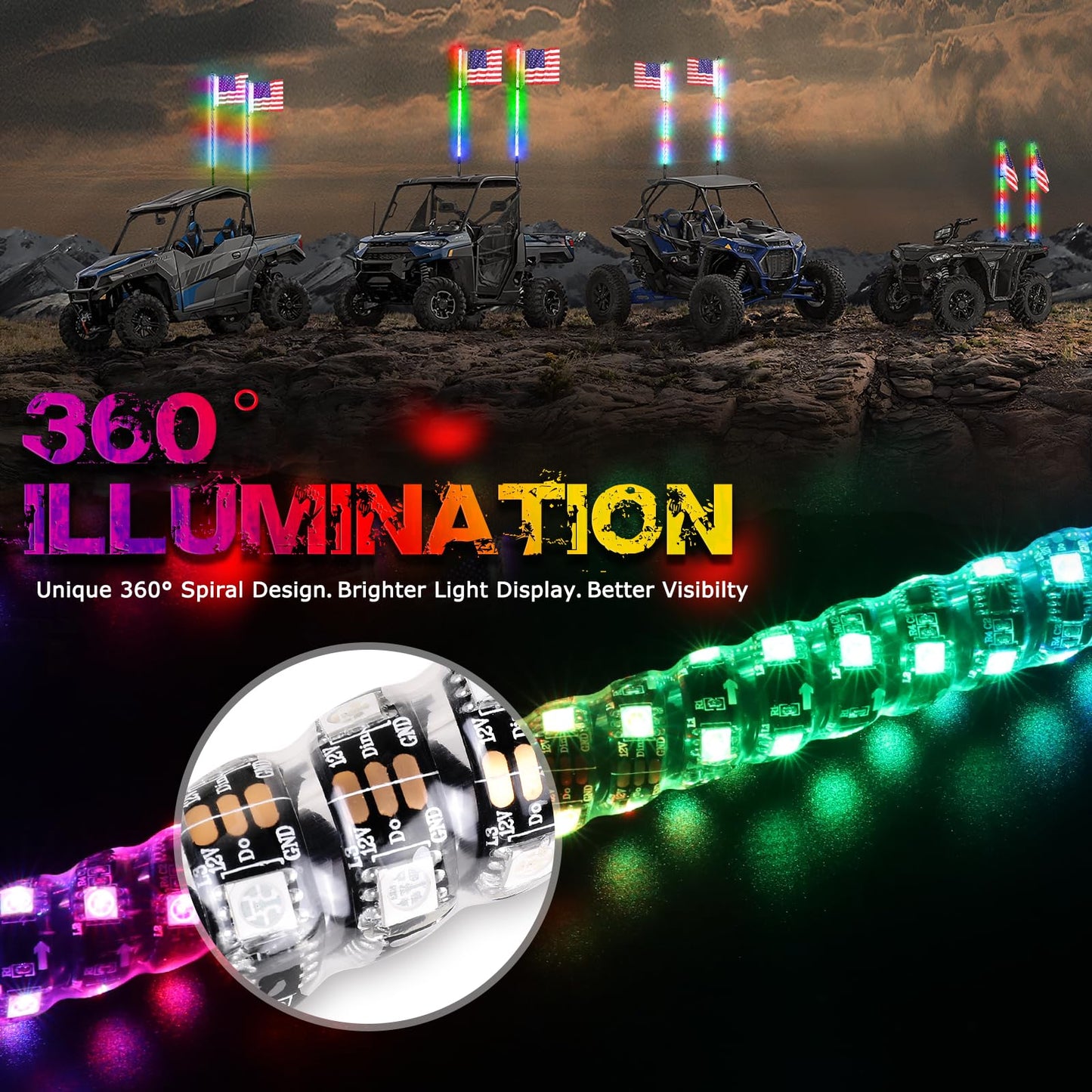 OFFROADTOWN 5FT LED Spiral RGB Whip Lights 2PCS w/RGB Chasing/Dancing Light, RF Remote Control, Lighted Antenna for UTV ATV RZR SXS Truck Polaris Can-Am