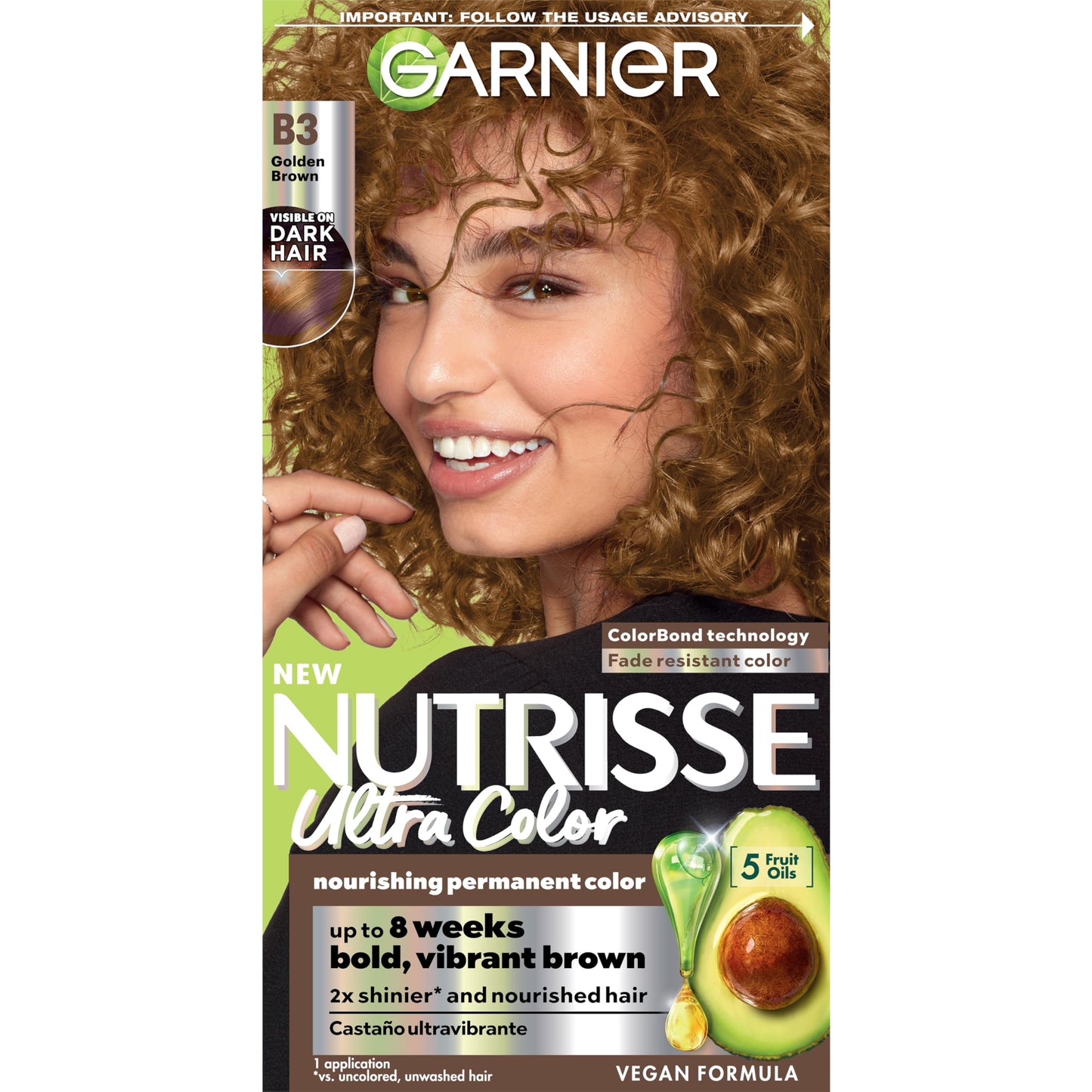 Garnier Hair Color Nutrisse Ultra Color Nourishing Creme, B3 Golden Brown (Spiced Rum) Permanent Hair Dye, 1 Count (Packaging May Vary)