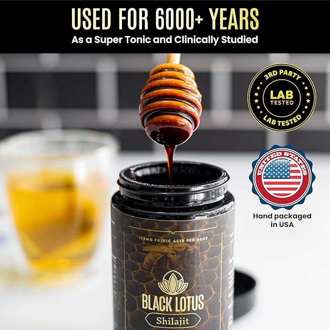 Black Lotus Pure Shilajit Resin Raw Honey Liquid Tincture, 150ml, 100% Pure Natural Shilajit for Men & Women, Amino Acids, 175mg Fulvic Acid, 85 Ionic Trace Minerals, For Immune Support, Focus, Energy