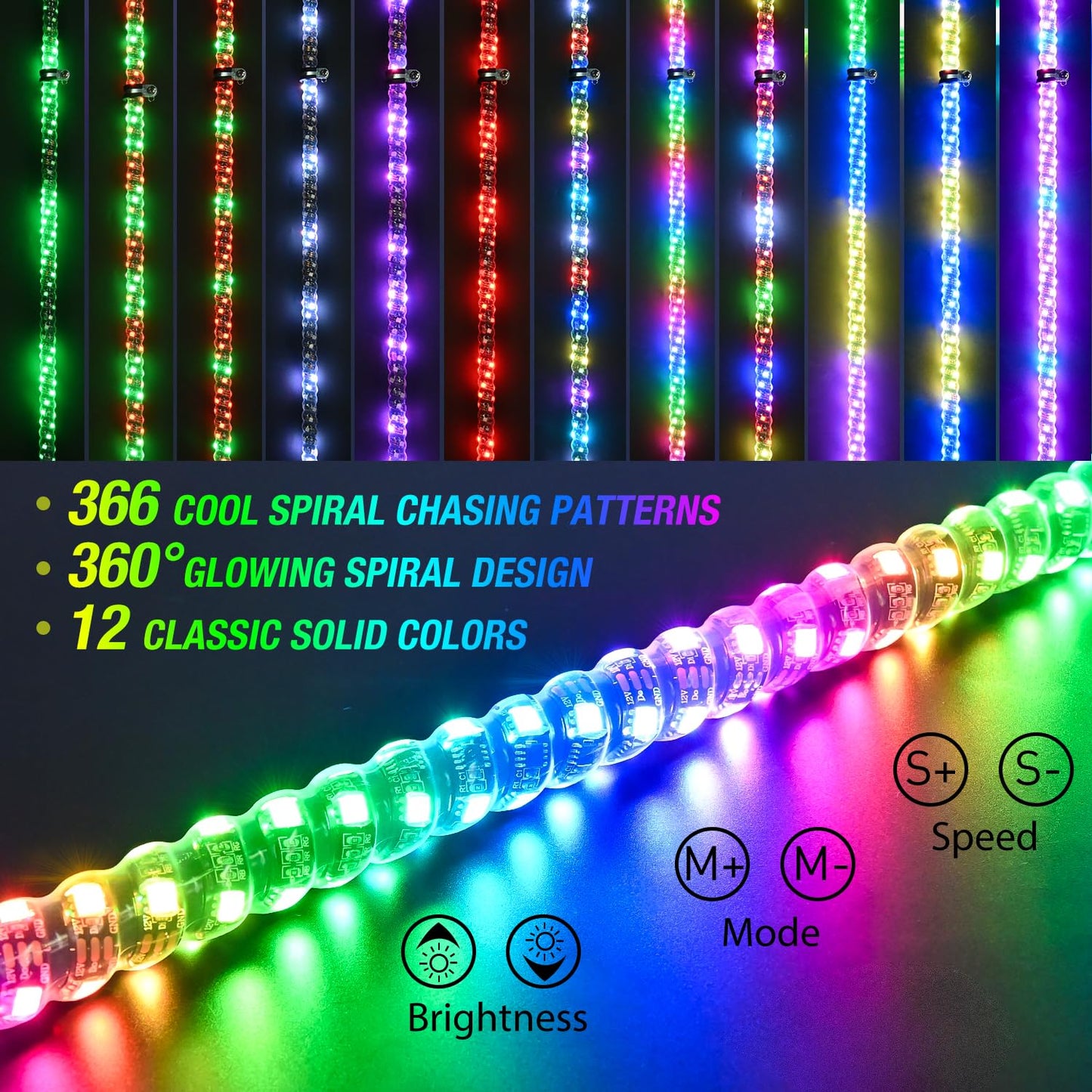 GOOACC 2 PCS 4FT LED Whip Light with Spring Base Spiral RGB Chasing RF Remote Lighted Whips w/Rocker Switch LED Antenna for UTV ATV Truck Sand Rail Buggy Dune RZR Can-am