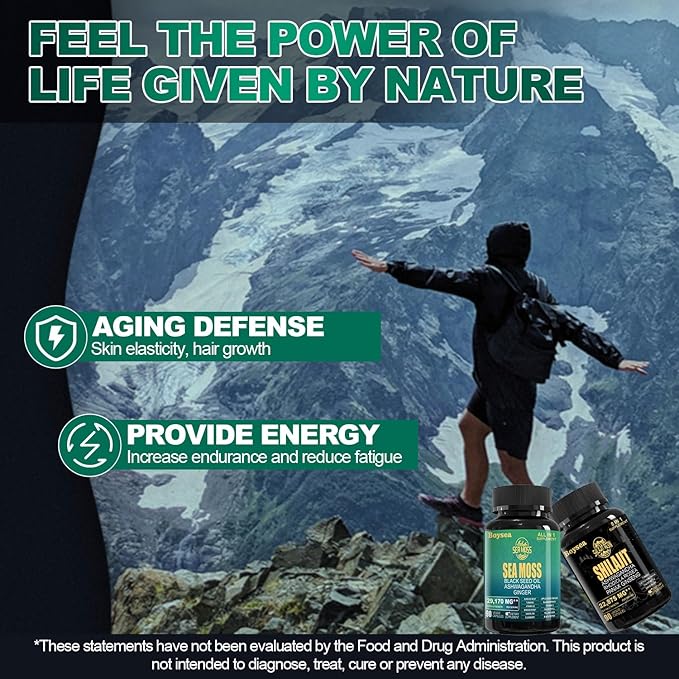 Boysea.Shilajit and Sea Moss Bundle - 90 Count - Sea Moss 7000mg, Black Seed Oil 4000mg, Ashwagandha 2000mg, Ginger & Shilajit 9000mg, Rhodiola Rosea 1000mg, All in 1 Supplements (2 Pack)