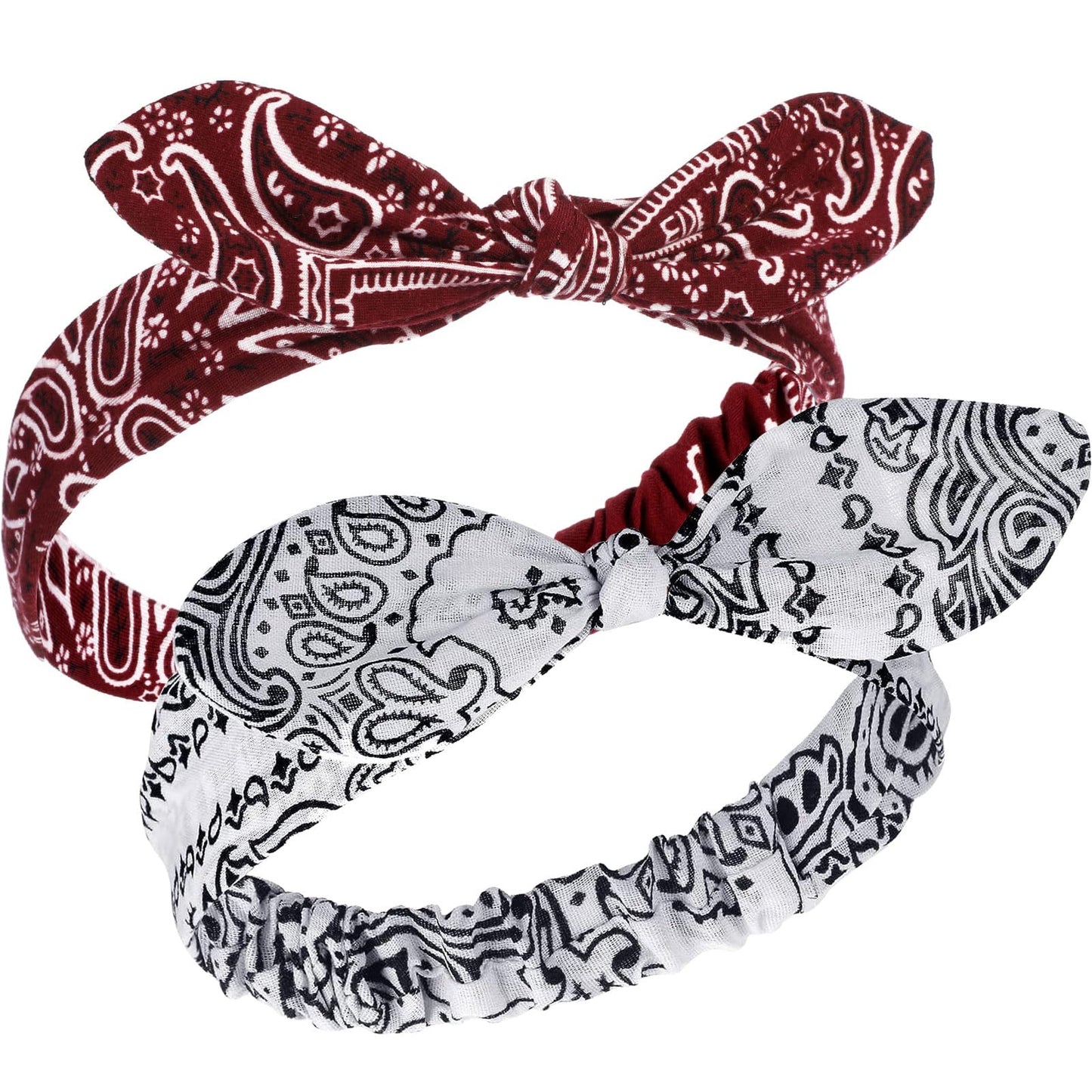 Hicarer 2 Pieces Bandana Headband for Women, Knot Retro Print Bandana Paisley Print Headband Adjustable Headwrap(Deep Red, White)