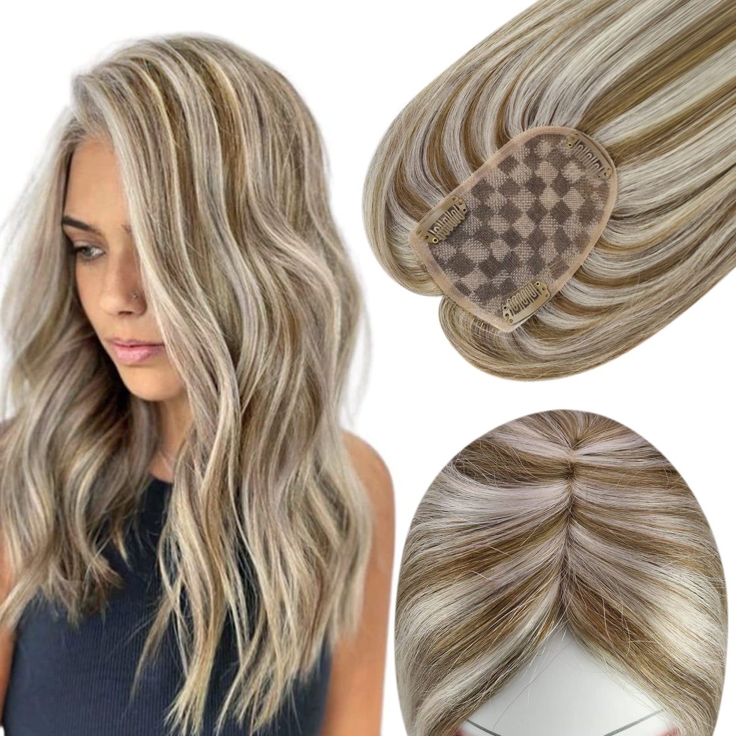 Full Shine Hair Topper 3 * 5 Inch Topper Hair Piece Human Hair Short Hair Ash Brown Highlights Light Blonde For Short Hair Clip In Human Hair Topper Remy Human Hair 10 Inch