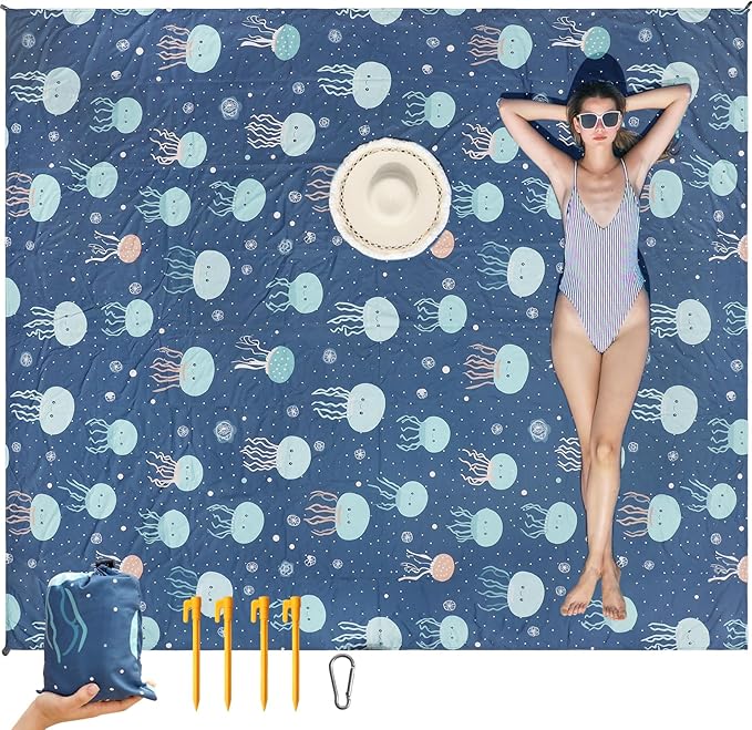 ISOPHO Beach Blanket Sand Proof, Pongee Picnic Blankets, Extra Large Beach Mat Quick Drying, Lightweight & Durable, Esentials for Outdoors, Travel, Beach Picnic, 79 x 87 Inches, Jellyfish Print