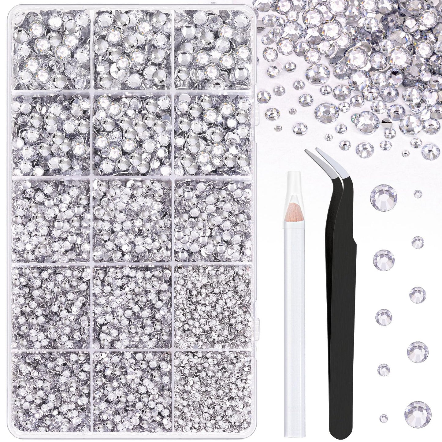 16000Pcs Resin Rhinestones with Tweezers for Crafting, Silver Clear 2-6mm Mixed Sizes Flatback Gems, Bedazzling Crystal for DIY Crafts Clothing Tumblers Mugs Shoes Fabric Nail Art