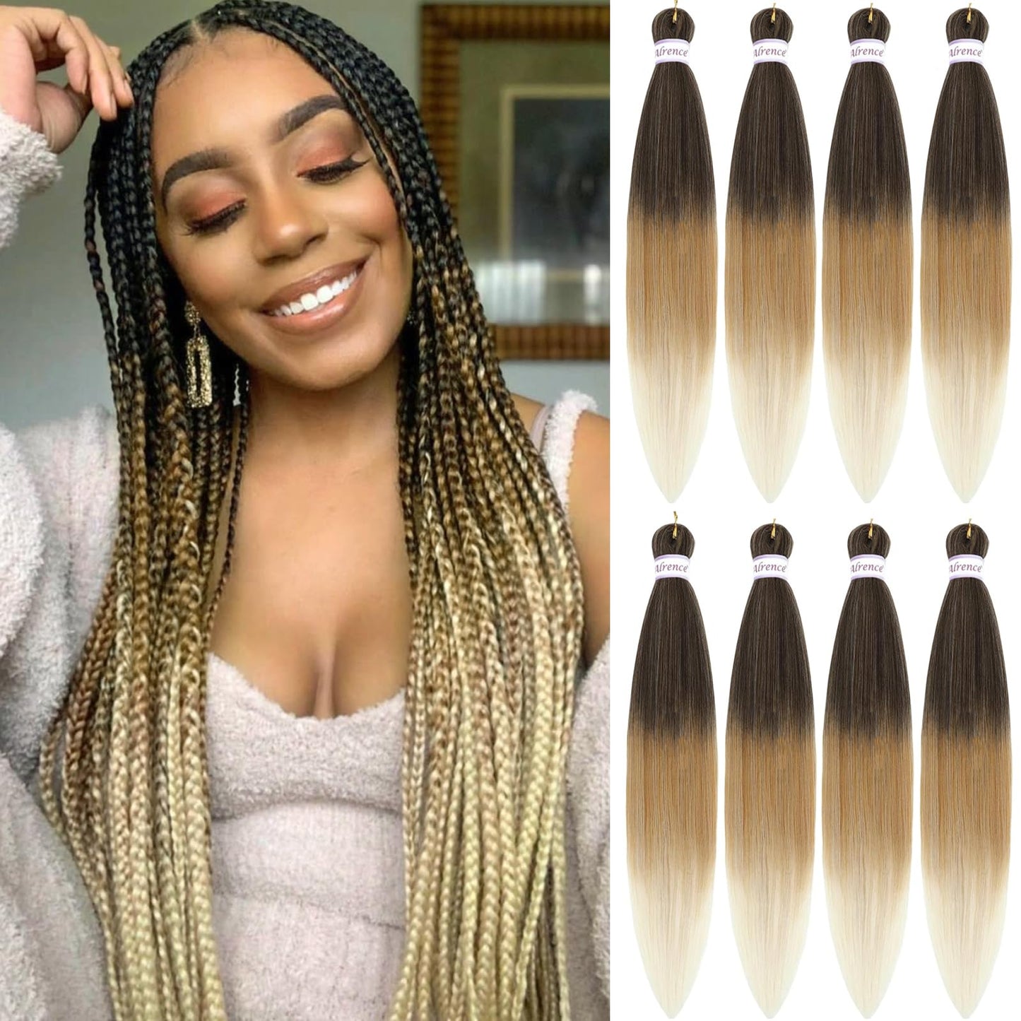 Alrence Pre Stretched Braiding Hair Long Braid 18 Inch 8 Packs Professional Braiding Hair Extensions Synthetic Crochet Twist Braids (18 Inch, 4/27/613)