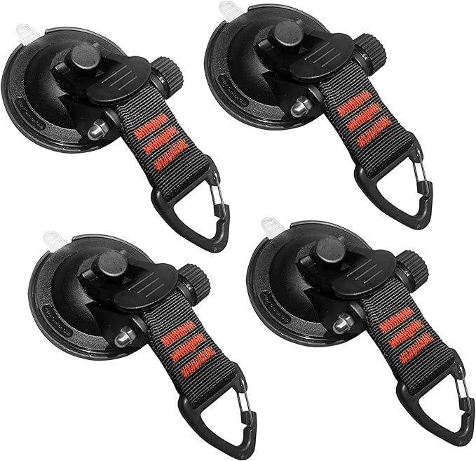 Suction Cup Hooks Heavy Duty 4 Pieces Car Camping Essentials Upgraded Tie Down Suction Cup Camper Accessories with Securing Hook Strong Power for RV Boat Window Glass Camping Trap.(4 pcs)
