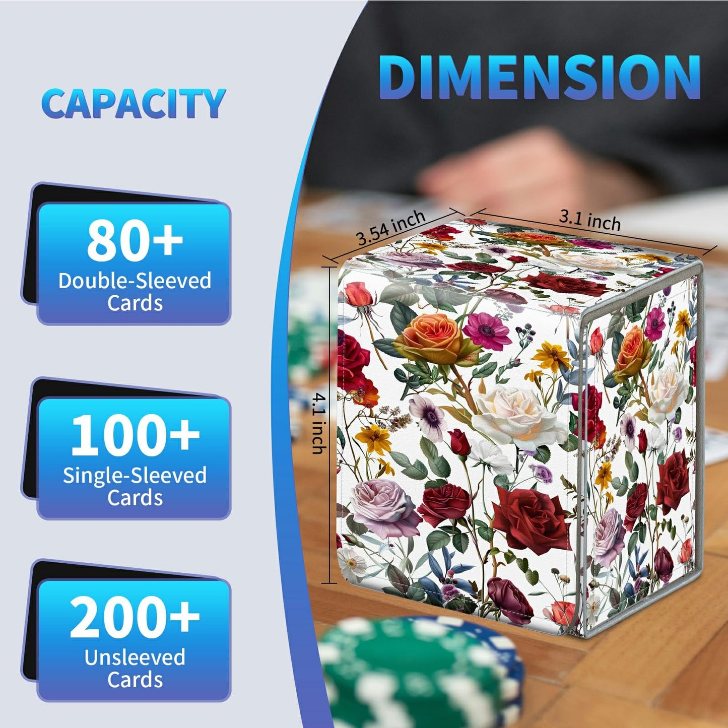 BREIDMKFM Card Deck Box for Trading Cards, MTG Commander Deck Box Fits 100+ Single Sleeved Cards, Leather Magnetic Card Storage Box for YuGiOh TCG CCG Cards, Roses