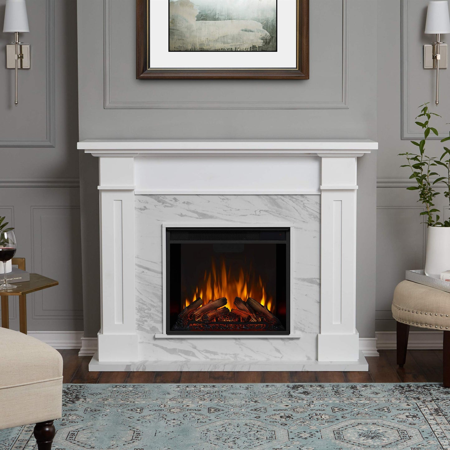 Real Flame Kipling 54" Electric Fireplace with Mantel for Living Room or Bedroom, Replaceable Fireplace Insert Heater, Realistic Log and Flame Effect, Remote Control, Timer, White with Faux Marble