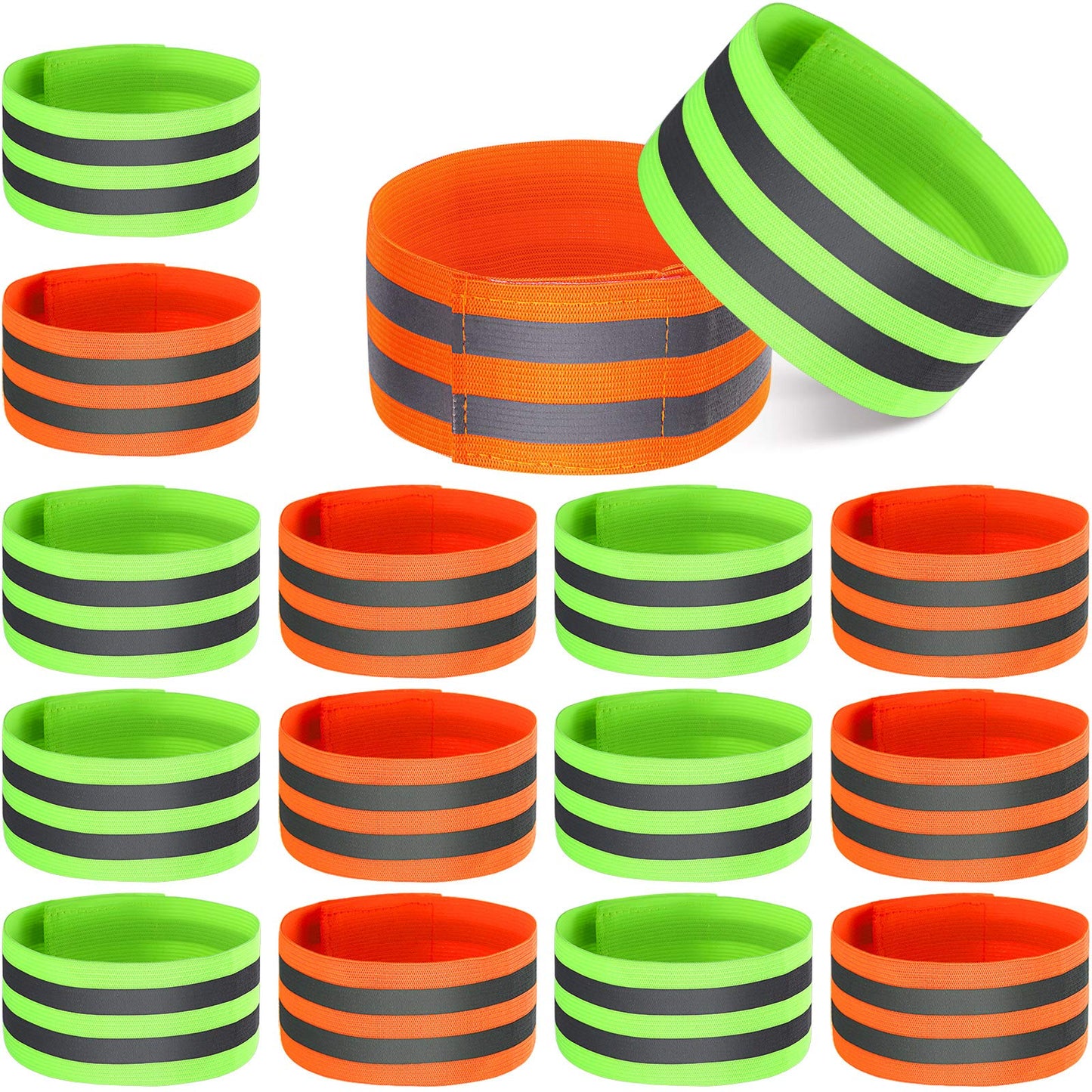 16 Pieces Reflective Bands Reflector Bands for Wrist, Arm, Ankle, Leg, High Visibility Reflective Gear Safety Reflector Tape Straps for Night Walking, Cycling and Running (Green, Orange)