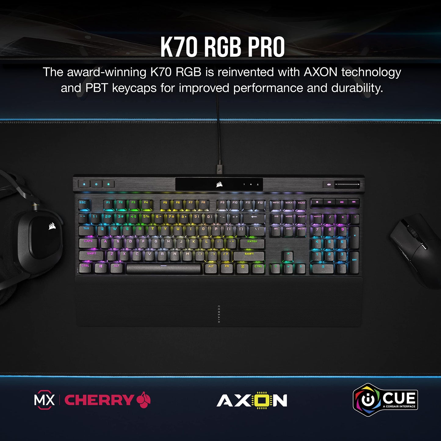 Corsair K70 RGB PRO Wired Mechanical Gaming Keyboard (Cherry MX RGB Red Switches: Linear and Fast, 8,000Hz Hyper-Polling, PBT Double-Shot PRO Keycaps, Soft-Touch Palm Rest) QWERTY, NA - Black