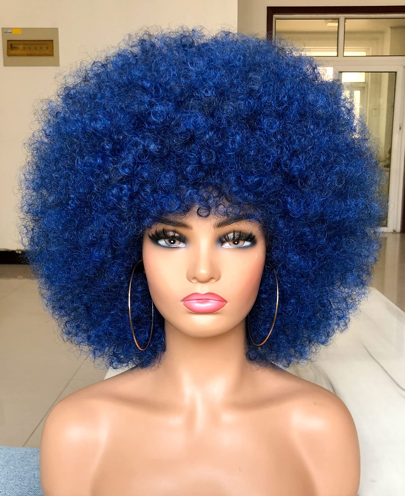 HIHOO Short Afro Wig with Bangs for Black Women Afro Kinky Curly Wig 70s Premium Synthetic Big Afro Wig(Blue)