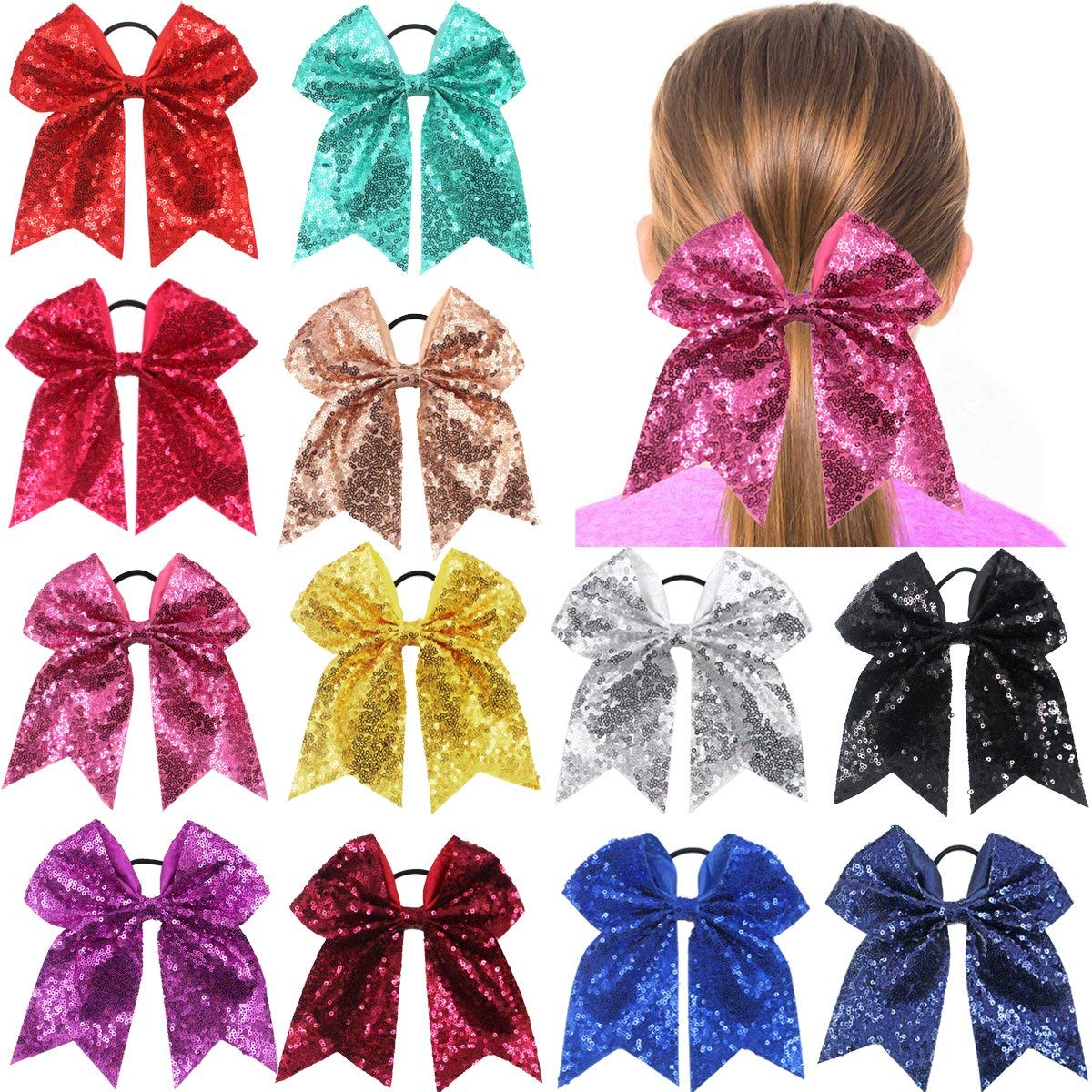 C Llot 12 Packs Jumbo Cheerleading Bow 8 Inch Cheer Hair Bows Large Cheerleading Hair Bows With Ponytail Holder For Teen Girls