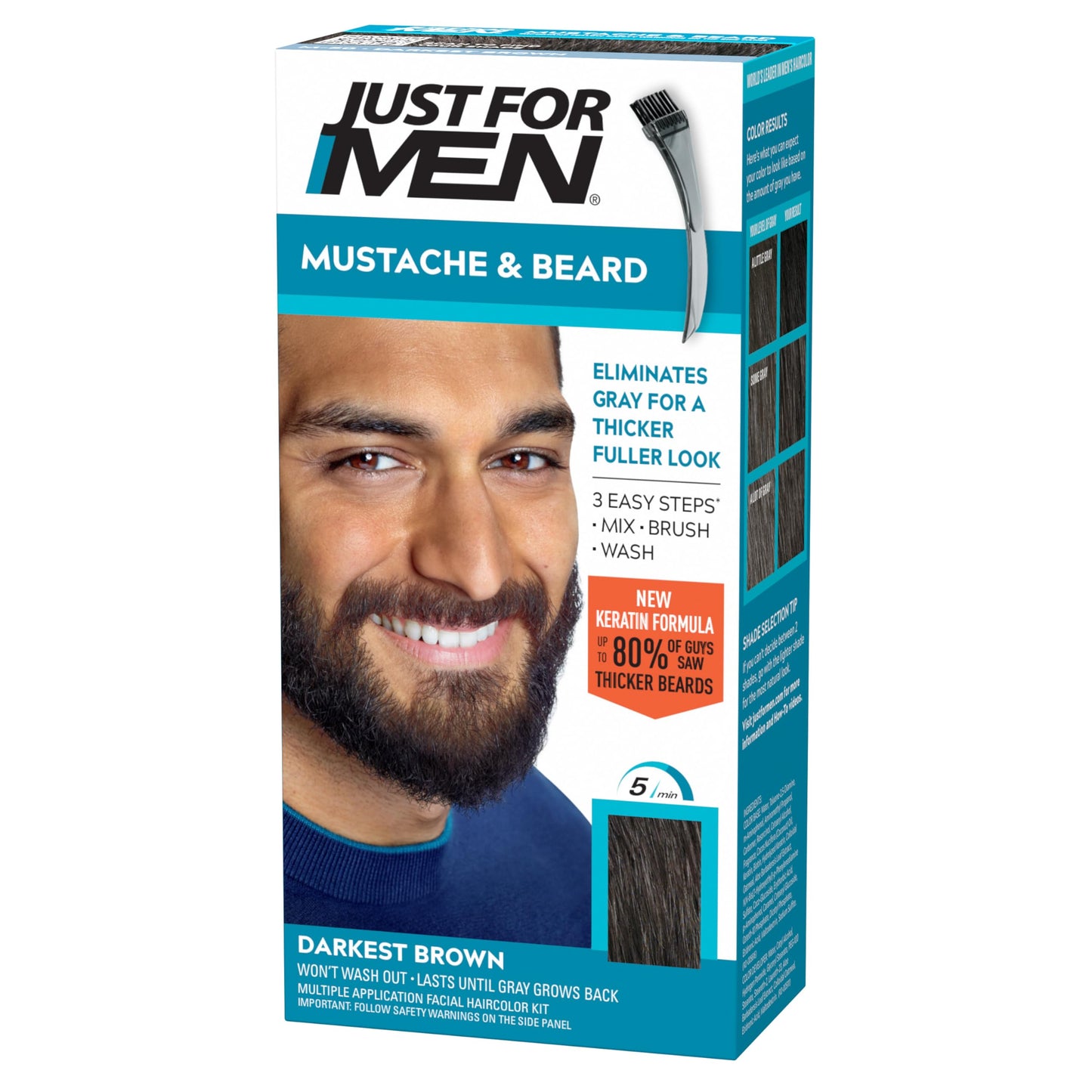 Just For Men Mustache & Beard, Beard Coloring for Gray Hair with Brush Included, With Keratin Biotin Aloe and Coconut Oil for Healthy Facial Hair - Darkest Brown, M-50 (Packaging May Vary)