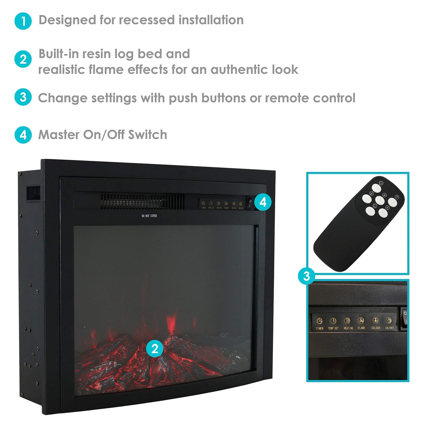 Sunnydaze Black Contemporary Indoor Electric Fireplace Insert - Wall Mount Electric Fireplace Heater with 9 Color Options - 23-Inch