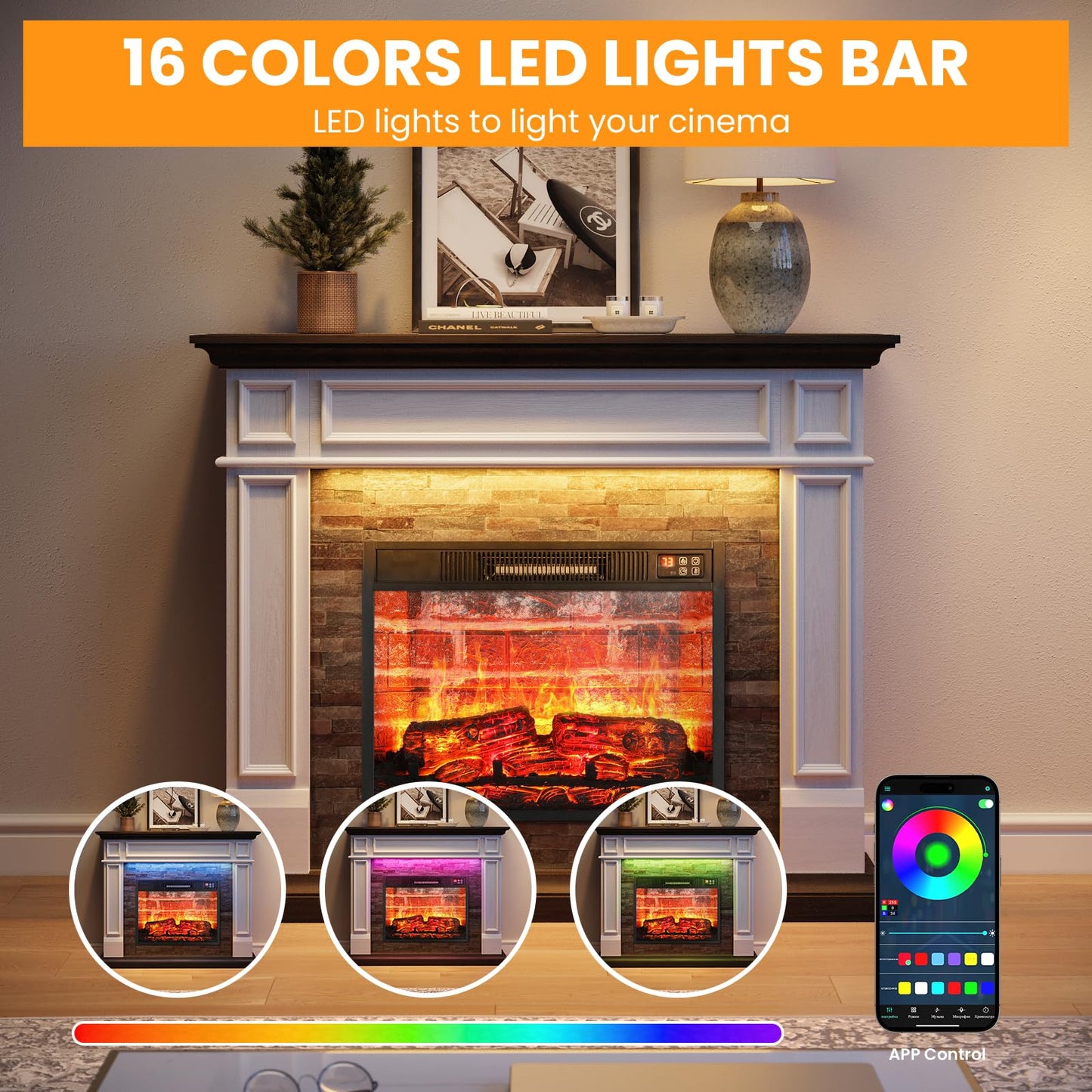 44" Electric Fireplace Mantel, LED Farmhouse TV Stand with Electric Fireplace Heater, Stacked Stone Surround and Remote Control 3D Realistic Flame, White Fireplace for Living Room Bedroom