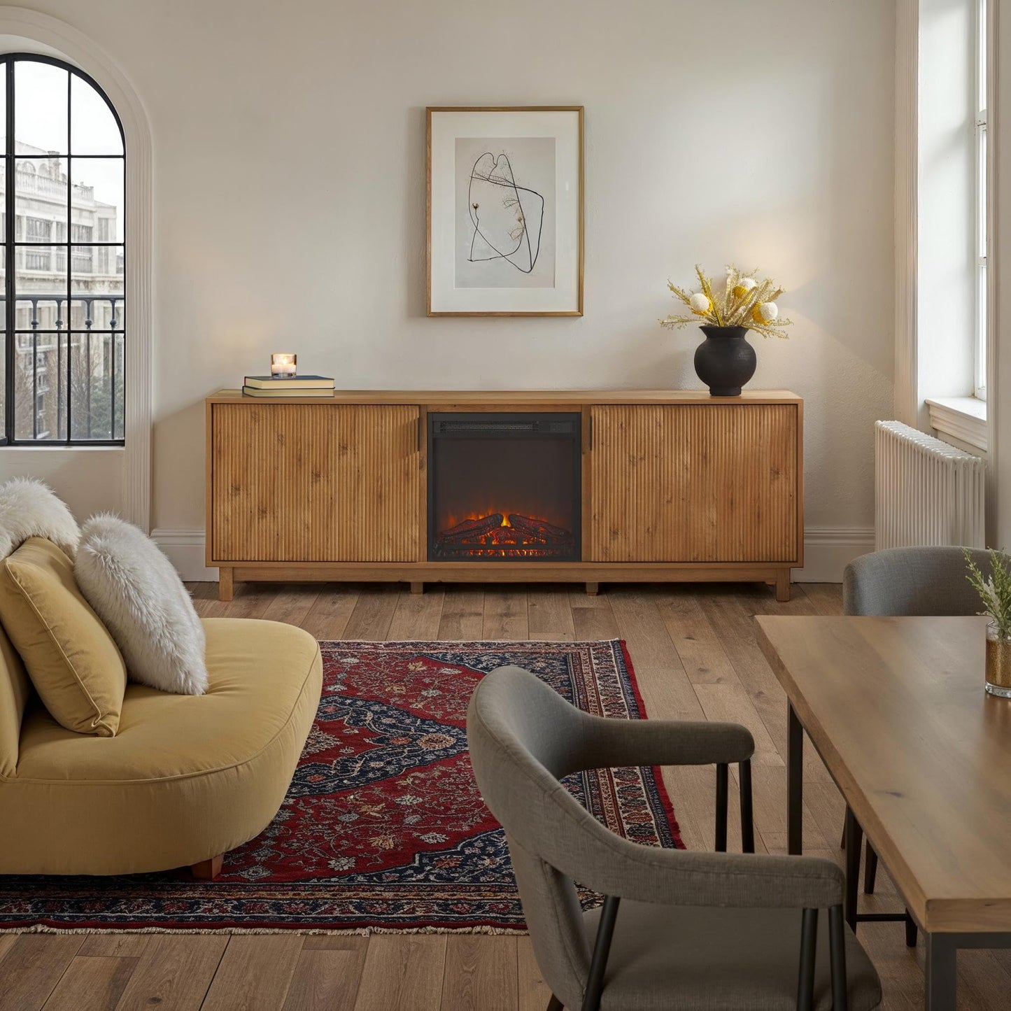 Walker Edison Arundo Reeded TV Stand with Fireplace & Storage, 70" Fireplace, English Oak