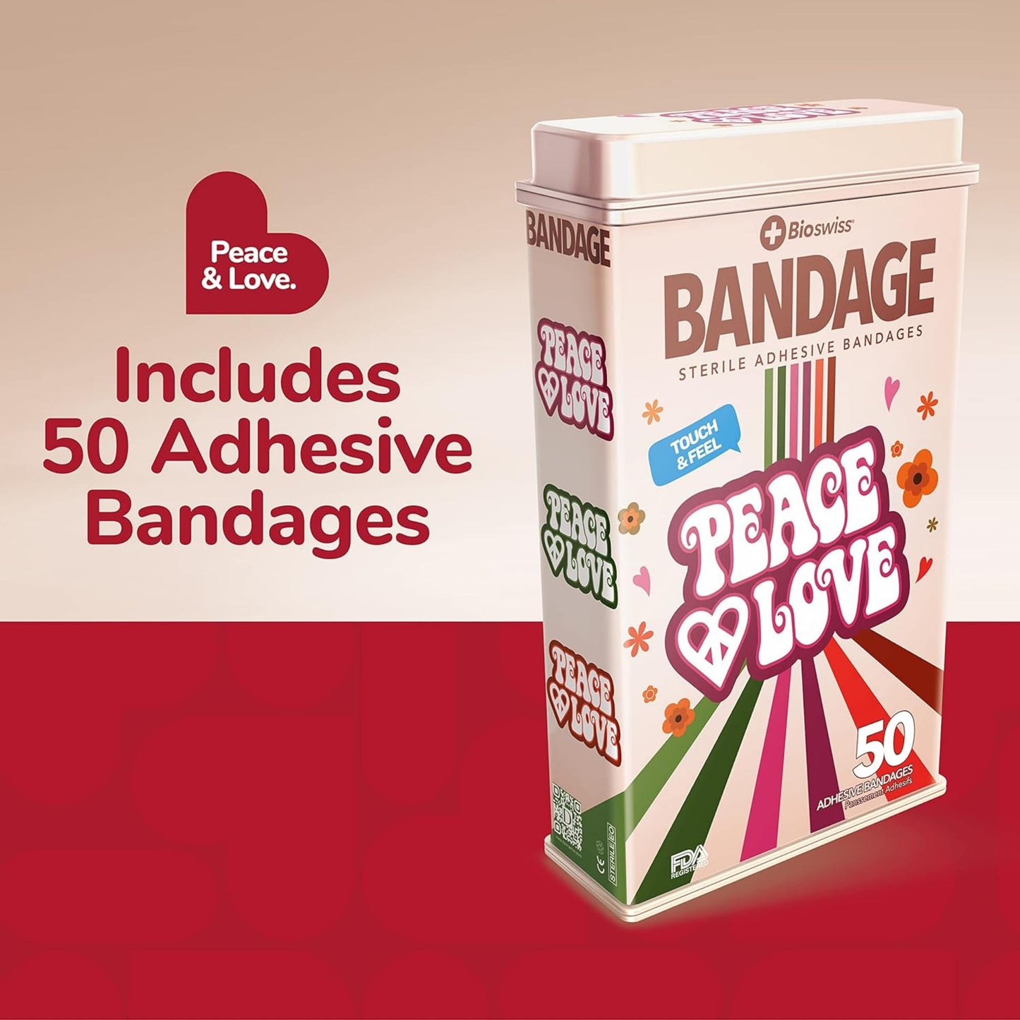 BioSwiss Bandages, Peace and Love Shaped Self Adhesive Bandage, Latex Free Sterile Wound Care, Fun First Aid Kit Supplies for Kids, 50 Count