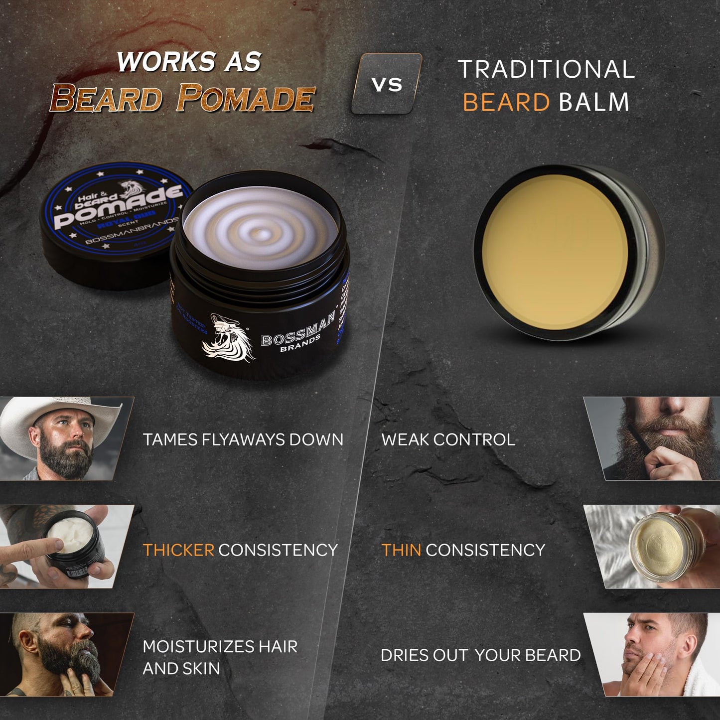 Bossman Hair & Beard Pomade for Men (Royal Oud Scent) – Medium Hold & Moisturizing for Hair, Beard & Mustache Styling – Made in USA