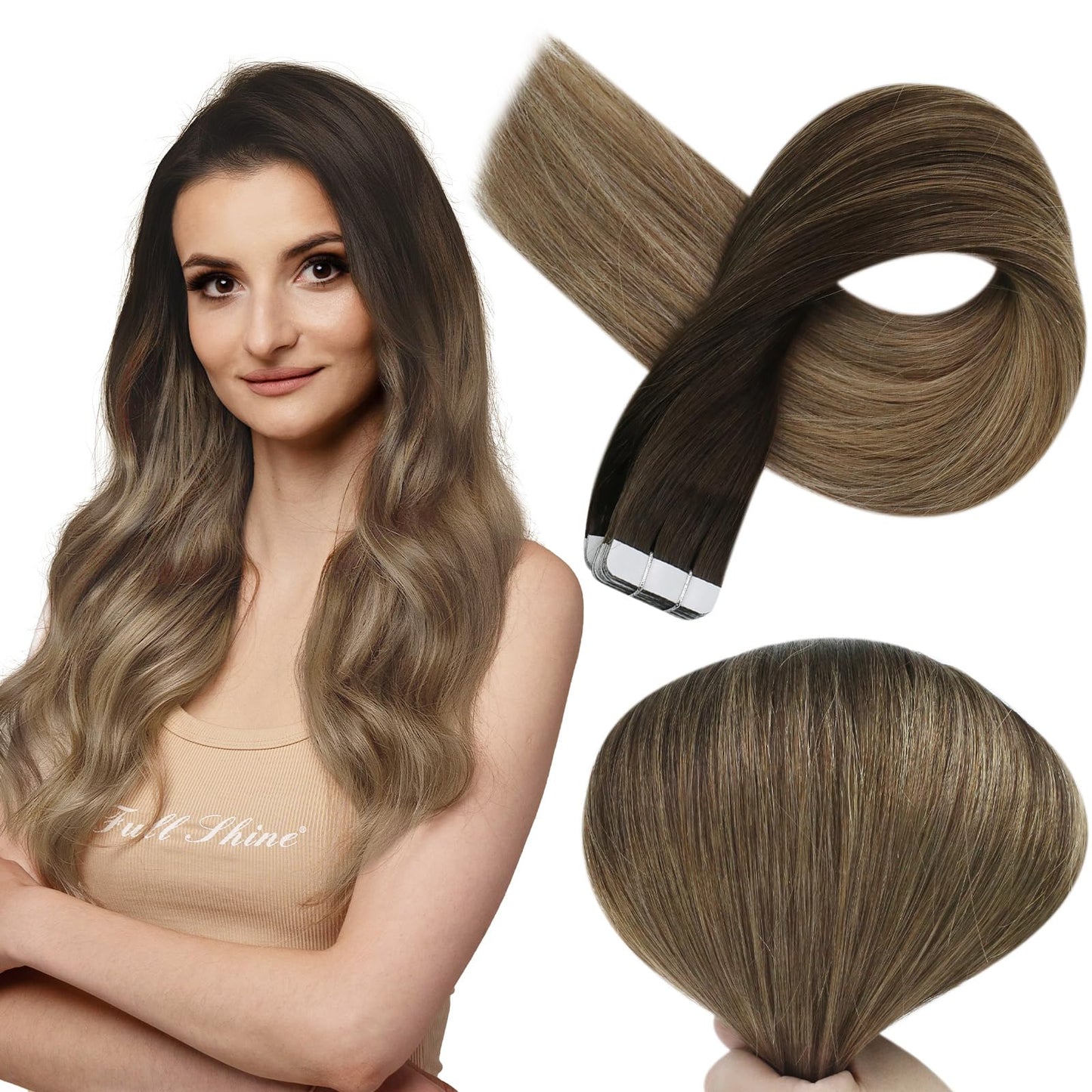 Full Shine Brown And Blonde Tape in Hair Extensions Balayage Color 2/6/18 Natural Tape Extensions Double Sided Hair Extensions Tape Hair Seamless Straight Real Hair Extension 14Inch 20pcs 50G