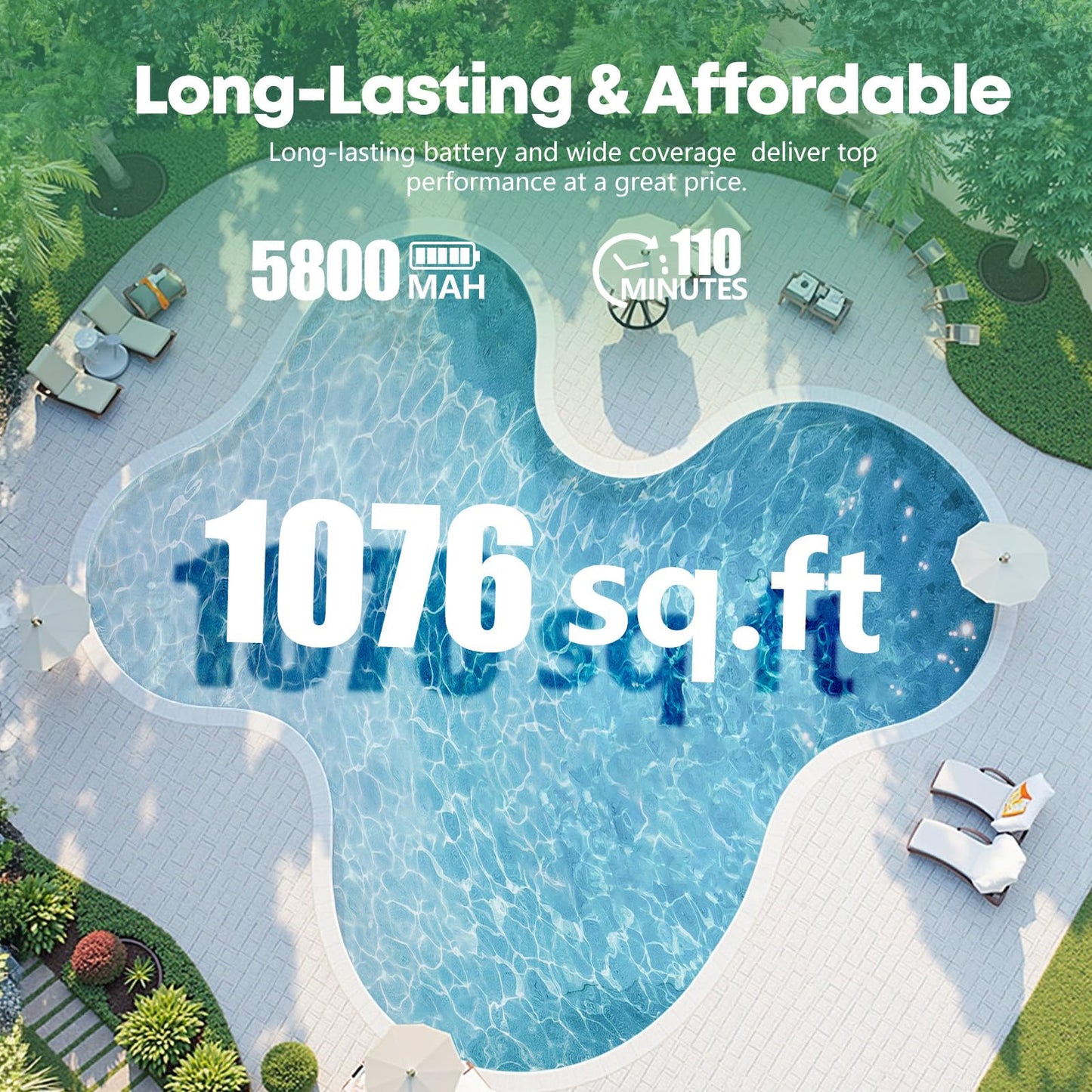 110 Mins Runtime Pool Vacuum for Above Ground Pool, Cordless Robotic Pool Cleaner for Flat Inground Pools up to 1,076 Sq. Ft, Automatic Self-Parking with Dual Strong Brushless Suction Motors