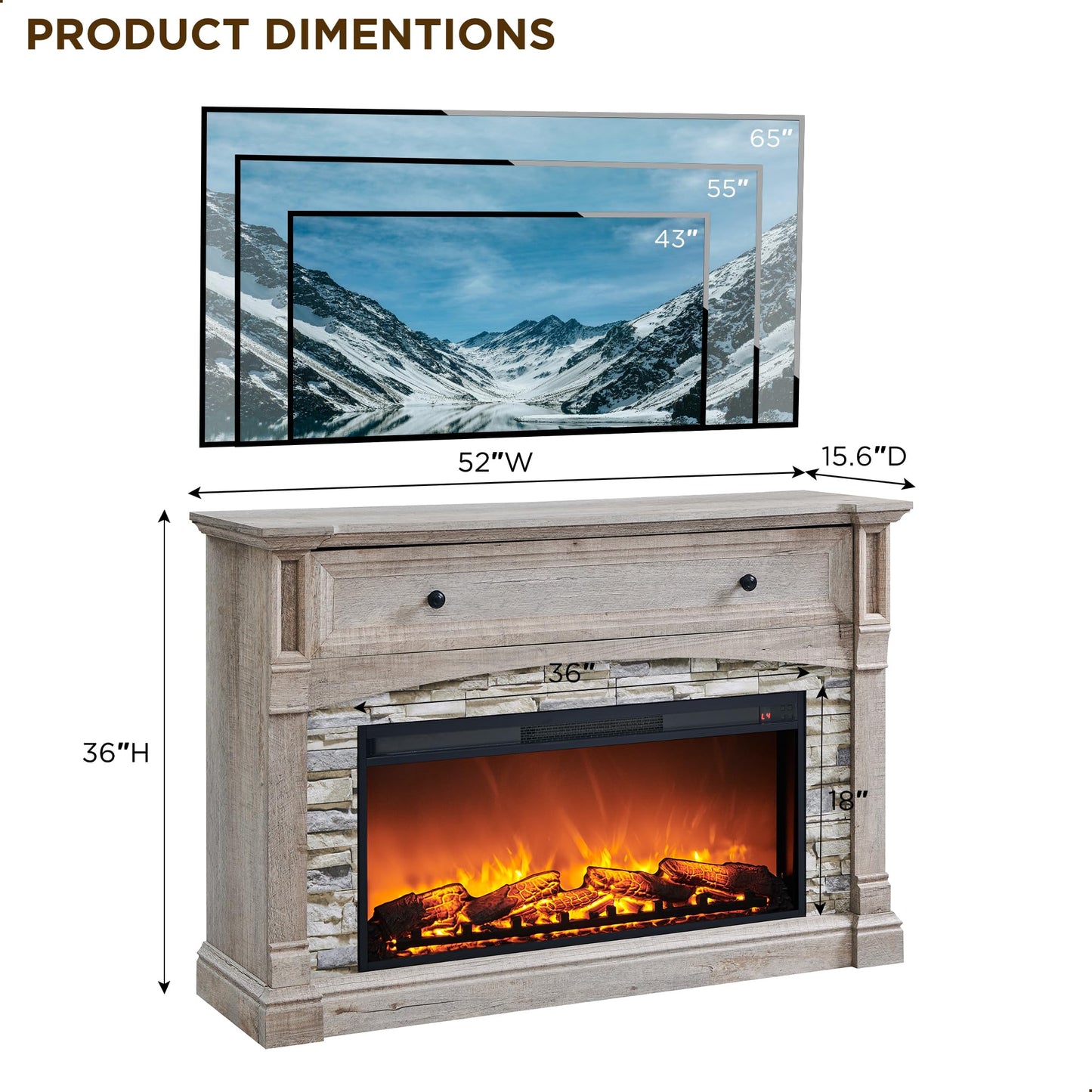 OKD 52" Farmhouse Electric Fireplace with Mantel, Tall Fireplace TV Stand w/Sime-Open Cubby, 36" Freestanding Electric Fireplace Heater,Remote Control, Adjustable 3D Realistic Flame
