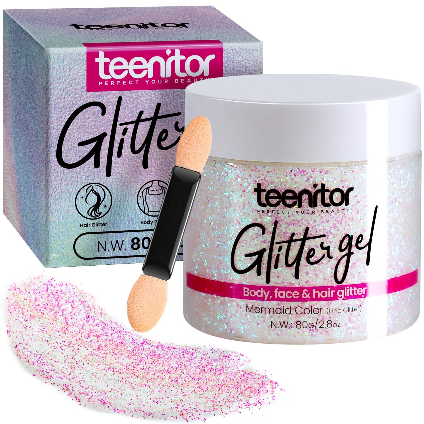 Teenitor Body Glitter, Face Glitter, Hair Glitter Gel, Holographic White Glitter for Face Body Makeup
