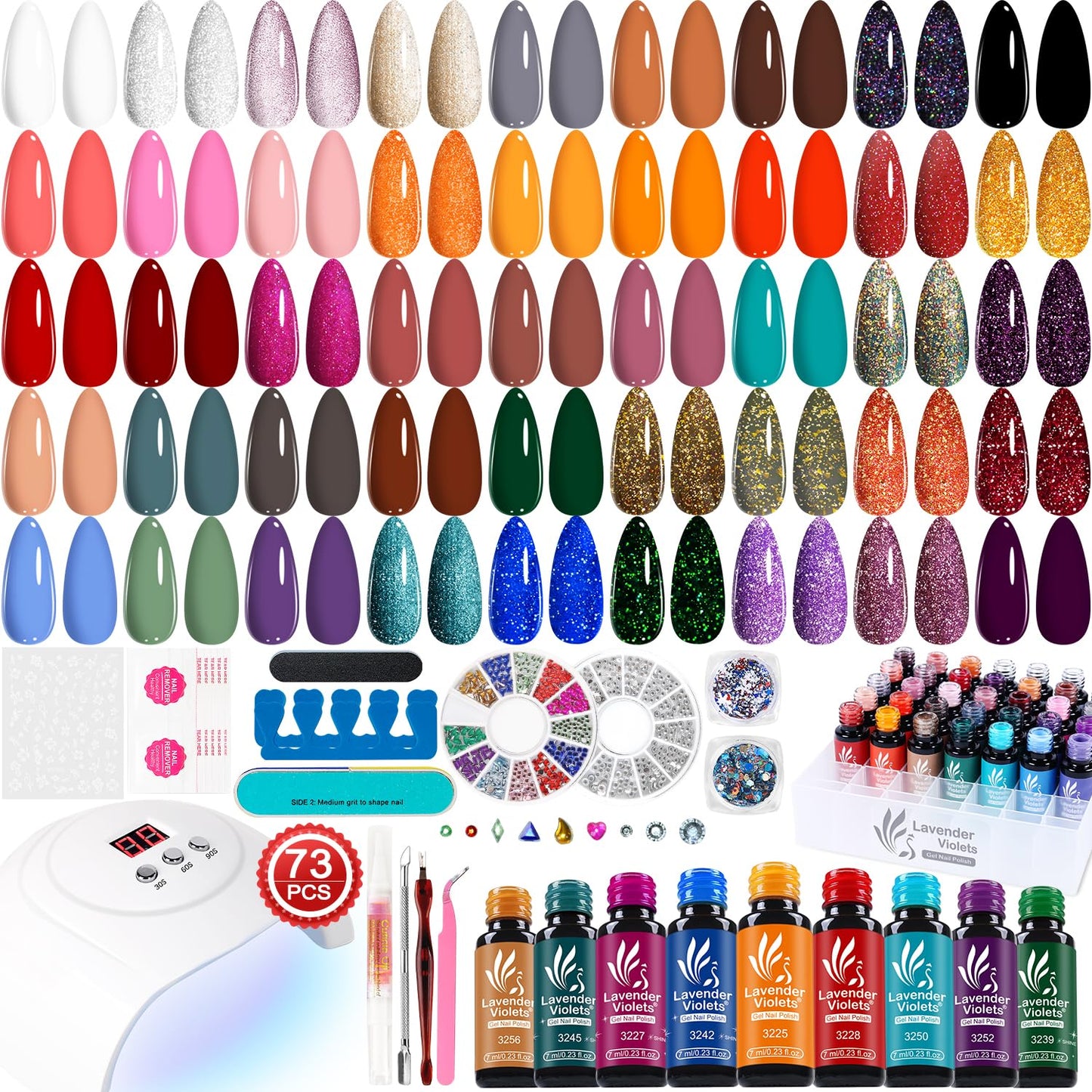Lavender Violets 73 Pcs Gel Nail Polish Kit with U V Light, 45 Colors with Nail Primer,Builder Base,Matte & Glossy Top Coat Soak Off Manicure Tools Gifts for Women LA06