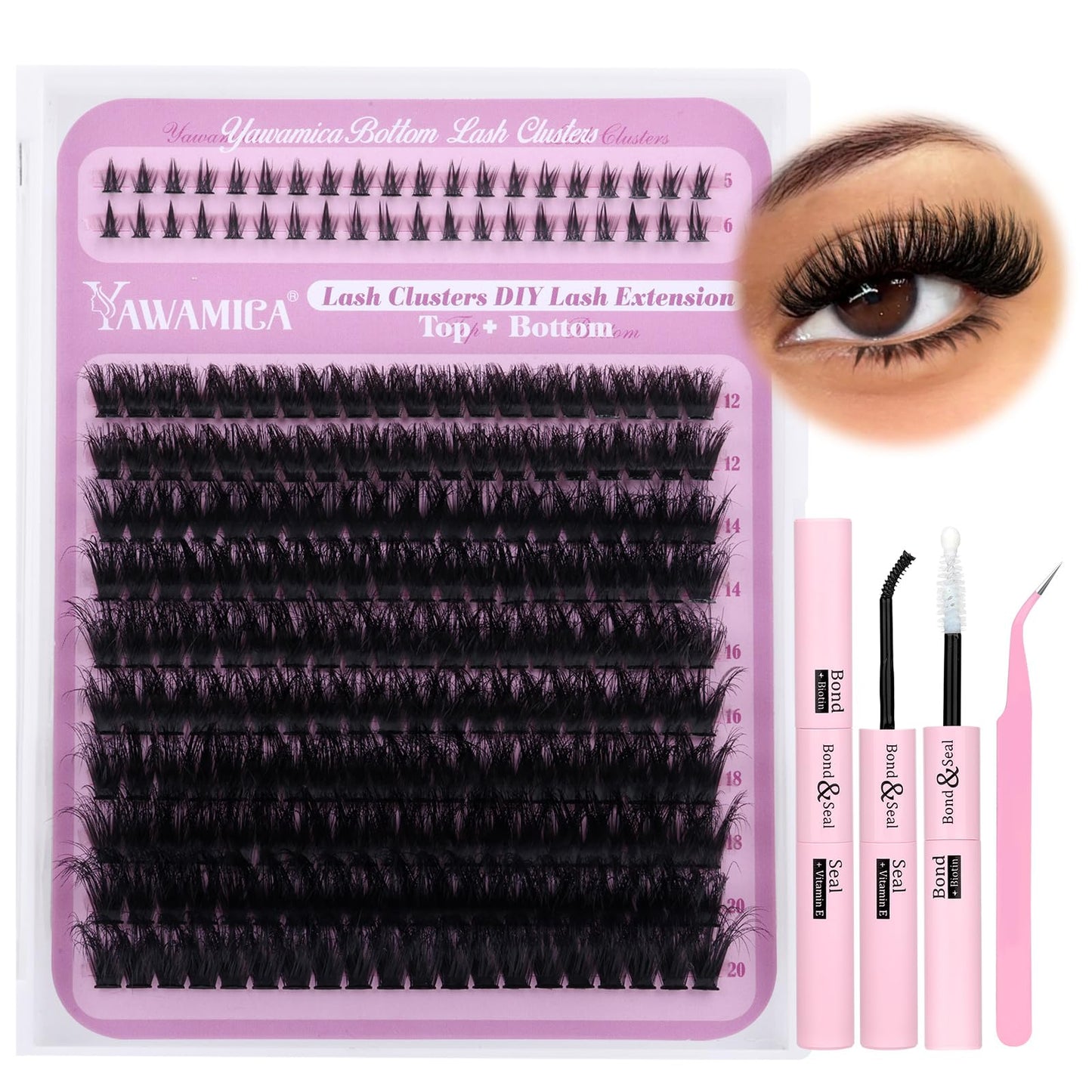 Yawamica Eyelash Extension Kit Wispy Lash Clusters Kit with Bottom Lashes 100D Fluffier Volume Individual Lashes 12-20mm Eyelash Clusters with 5-6mm Bottom Lashes with Bond and Seal and Lash Tweezers