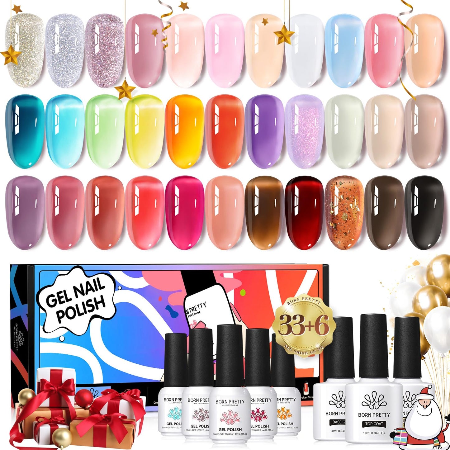 Born Pretty Jelly Gel Nail Polish Sheer Clear Nude Pink Red Brown Gel Polish Set Crystal Transparent Translucent Gel Polish with Glossy Matte Top Coat Base Gel Manicure Christmas Day Gifts 39PCS