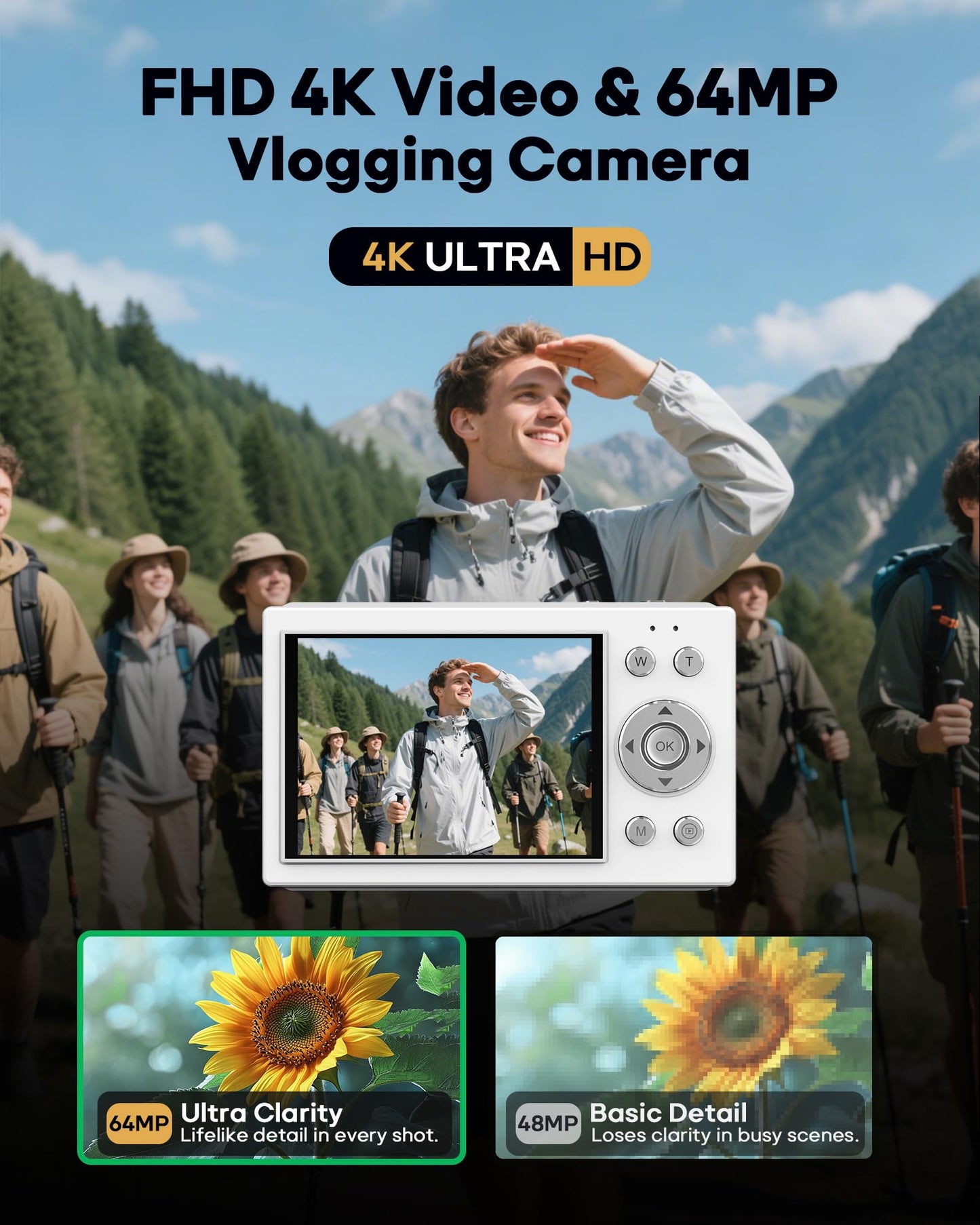 Digital Camera, 4K Vlogging Camera with Autofocus, 64MP, 16X Zoom, 64GB Card Included, Built-in Battery, Compact Digital Camera for Teens Adult Beginners, Ideal for Travel & YouTube - White